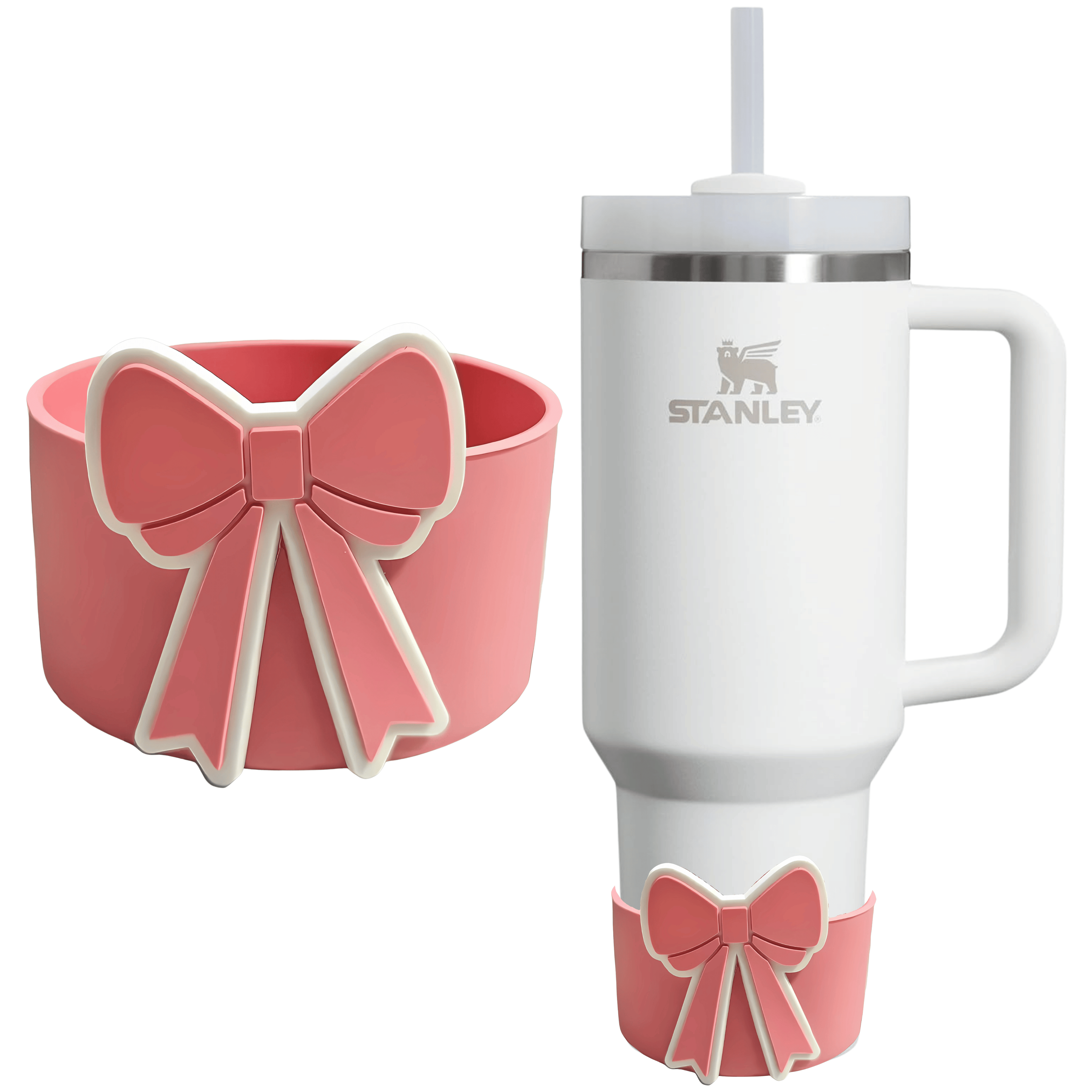 Pink bow silicone base protector next to a white tumbler with the boot fitted on the bottom