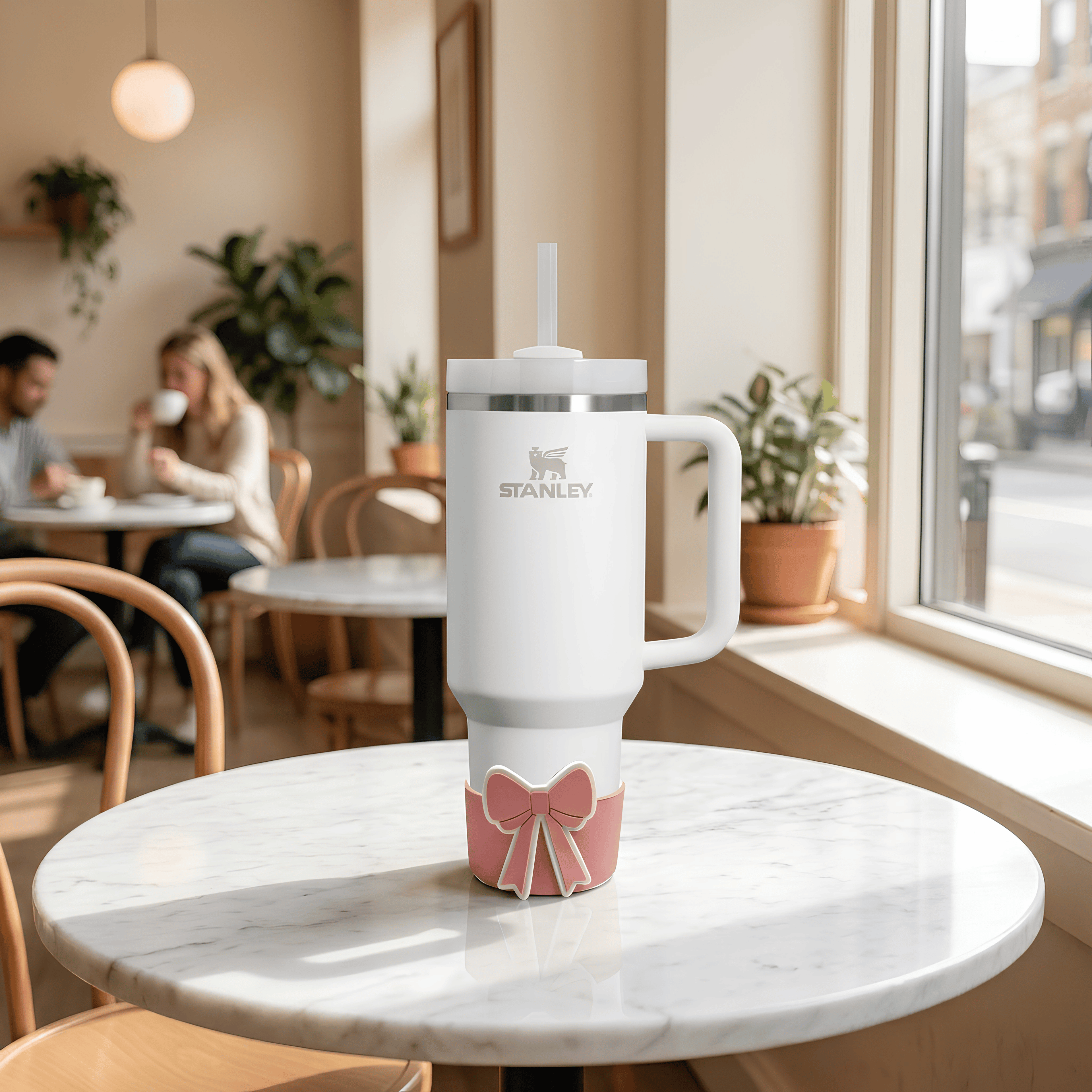 White tumbler with a pink bow base protector on a marble cafe table