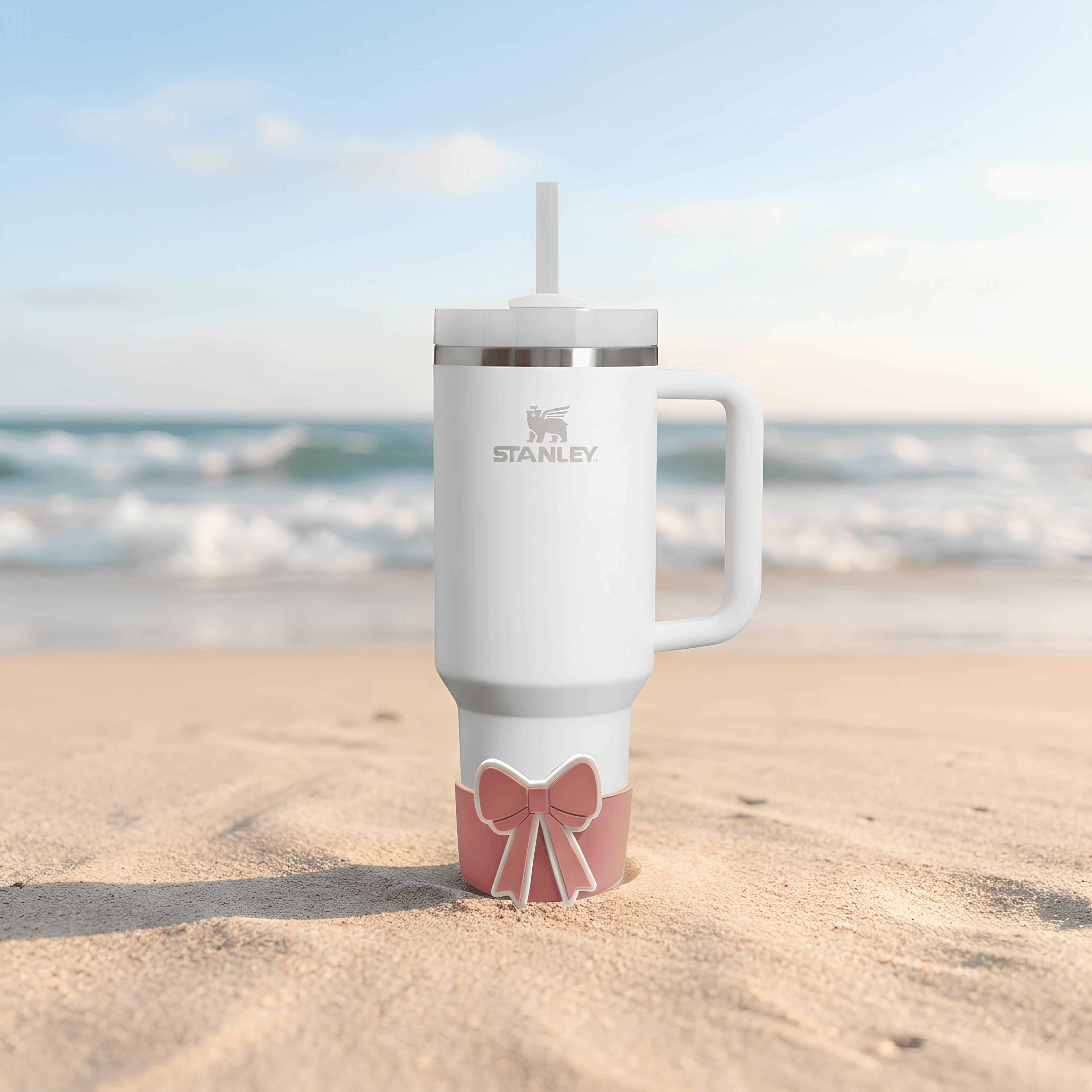White tumbler with a pink bow base protector standing on a sandy beach