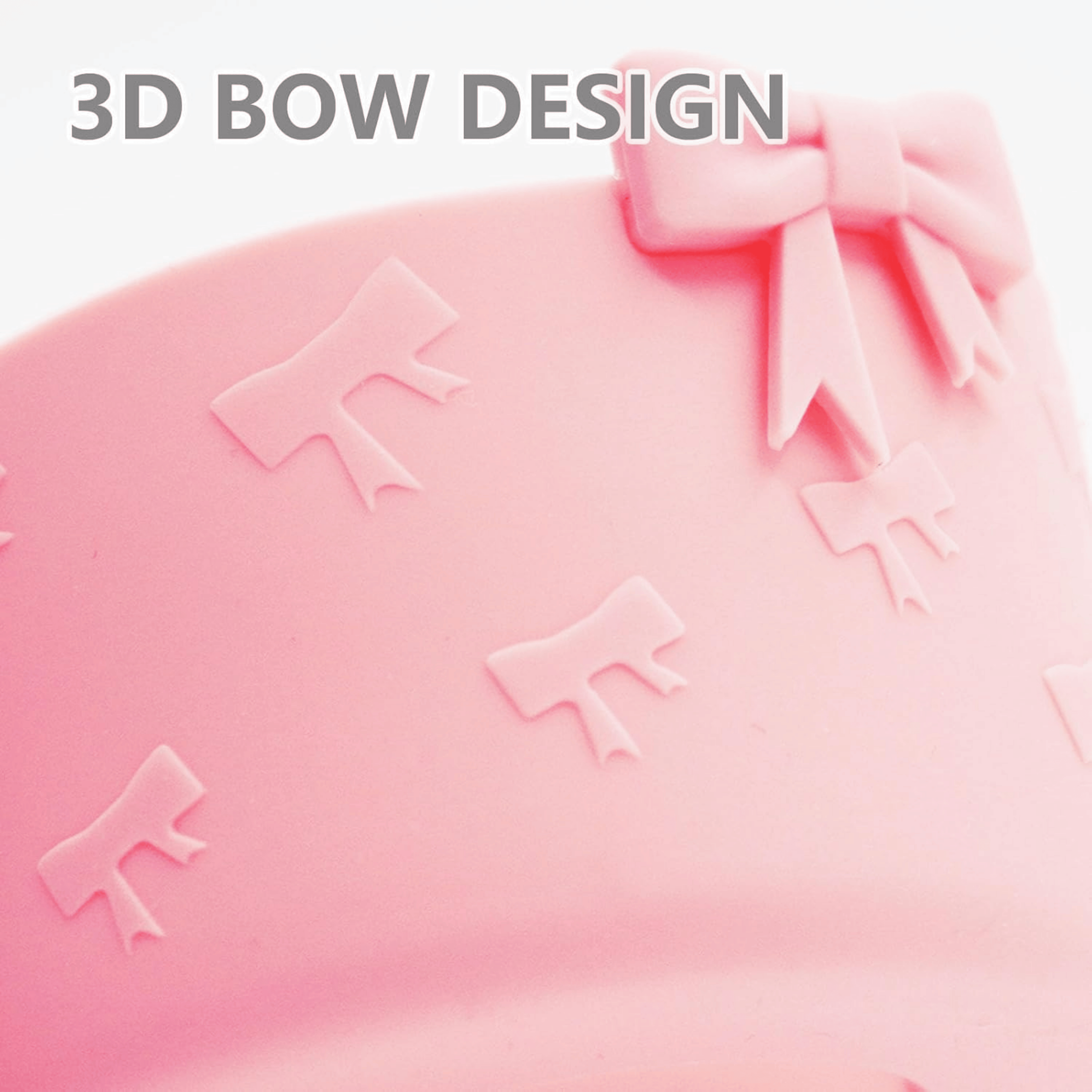 Close-up of the 3D bow and embossed bow pattern on the pink silicone boot