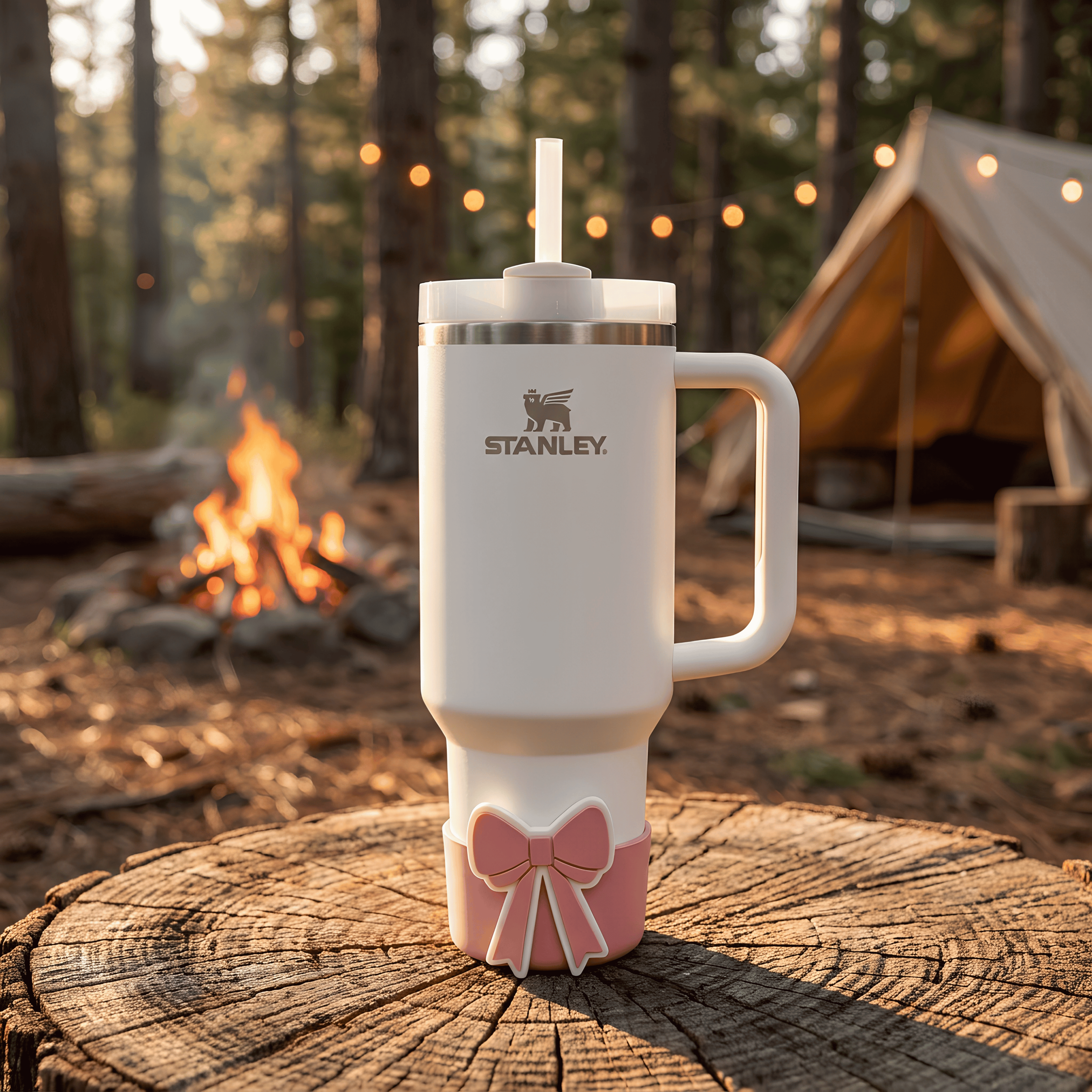 White tumbler with a pink bow base protector on a wood stump at a campsite