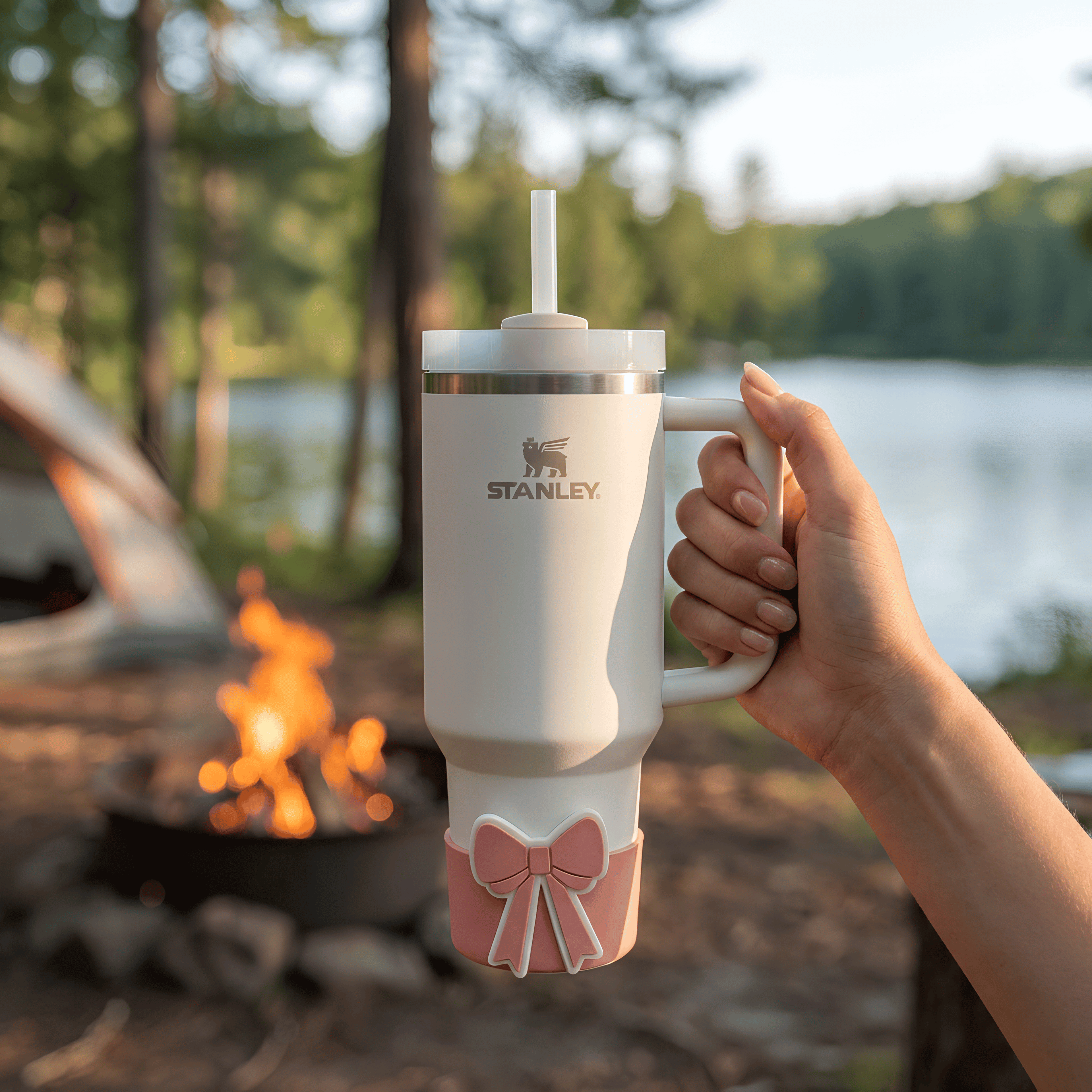 Hand holding a white tumbler with a pink bow base protector by a lakeside campfire