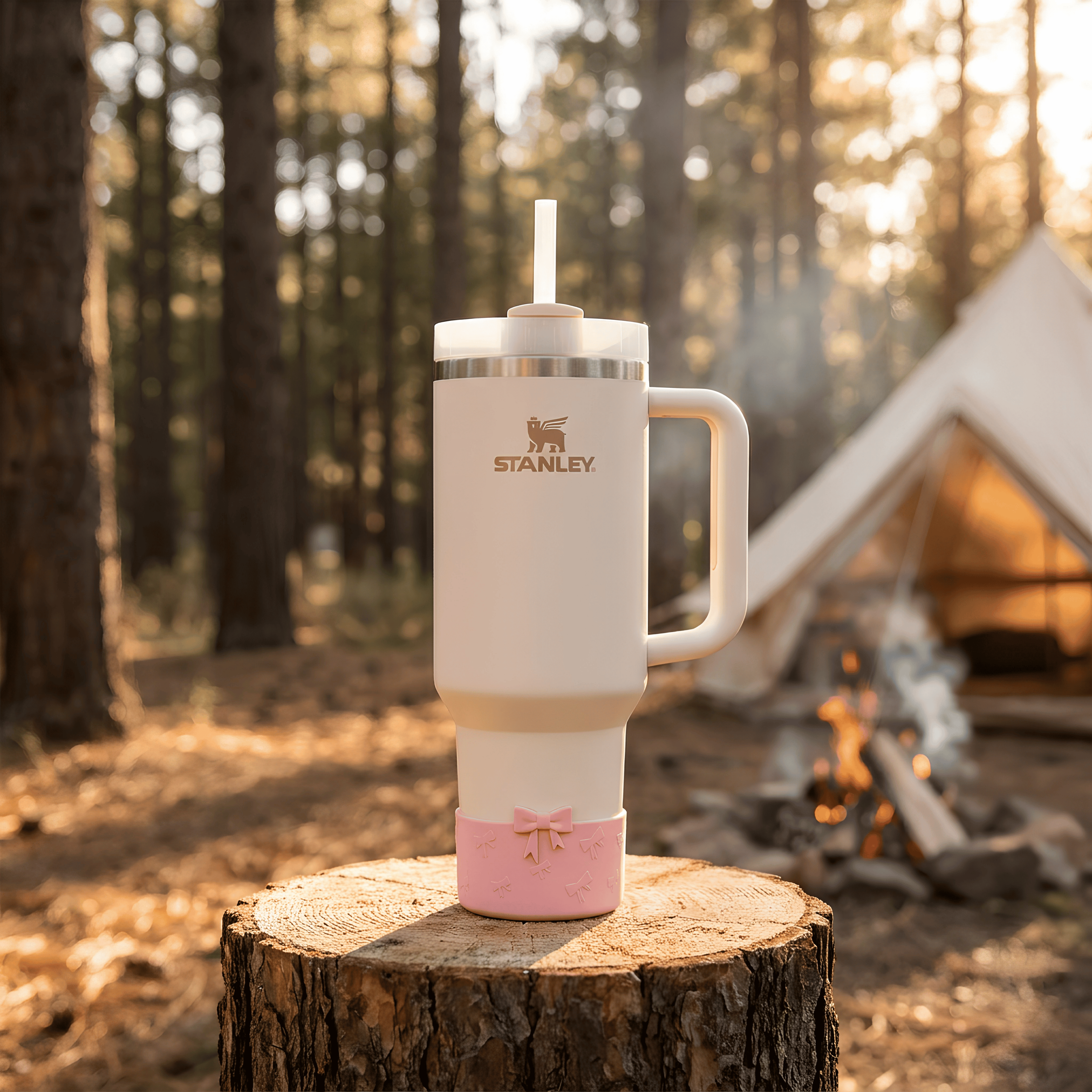 Cream tumbler with a pink bow base protector on a wood stump at a campsite