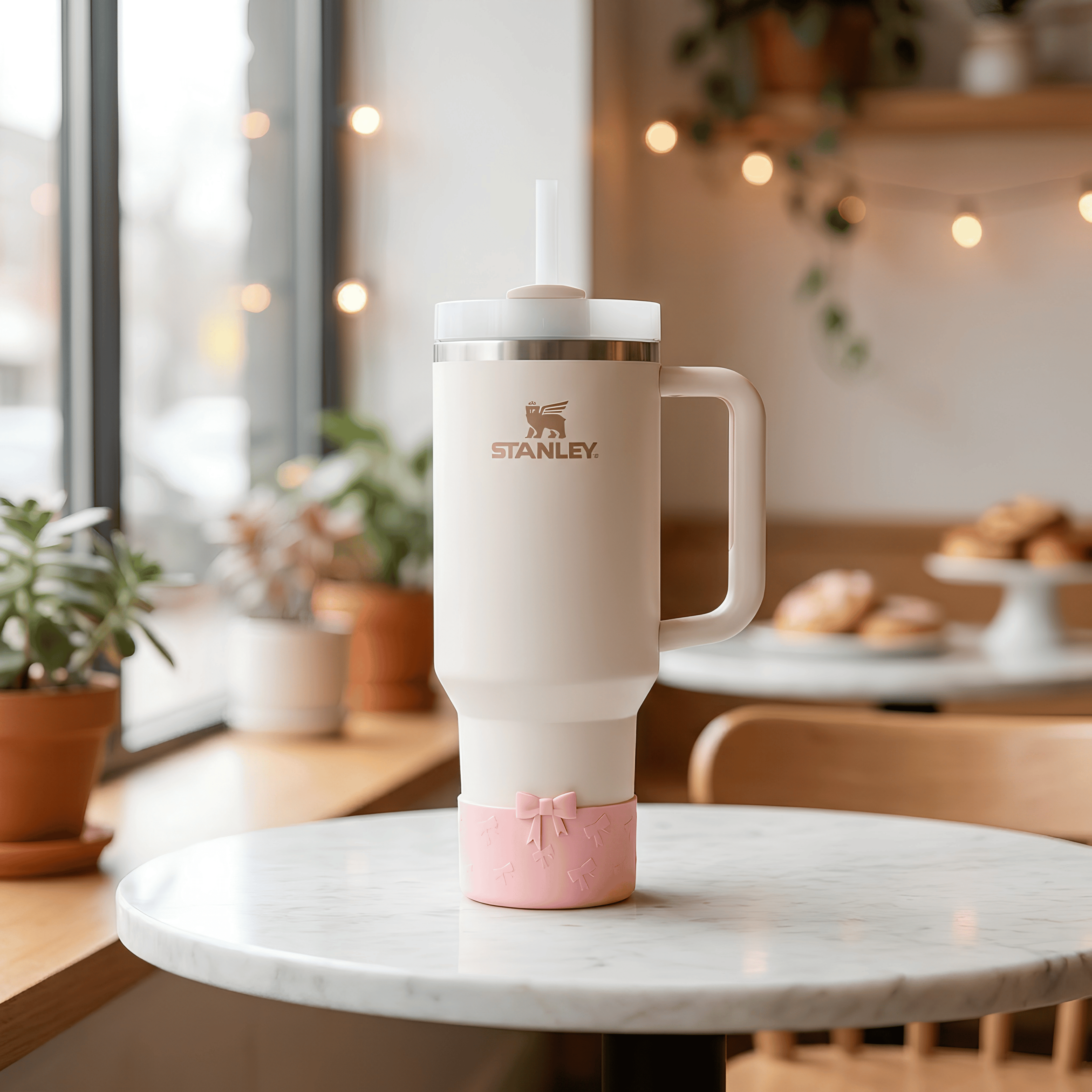 Cream tumbler with a pink bow base protector on a marble cafe table