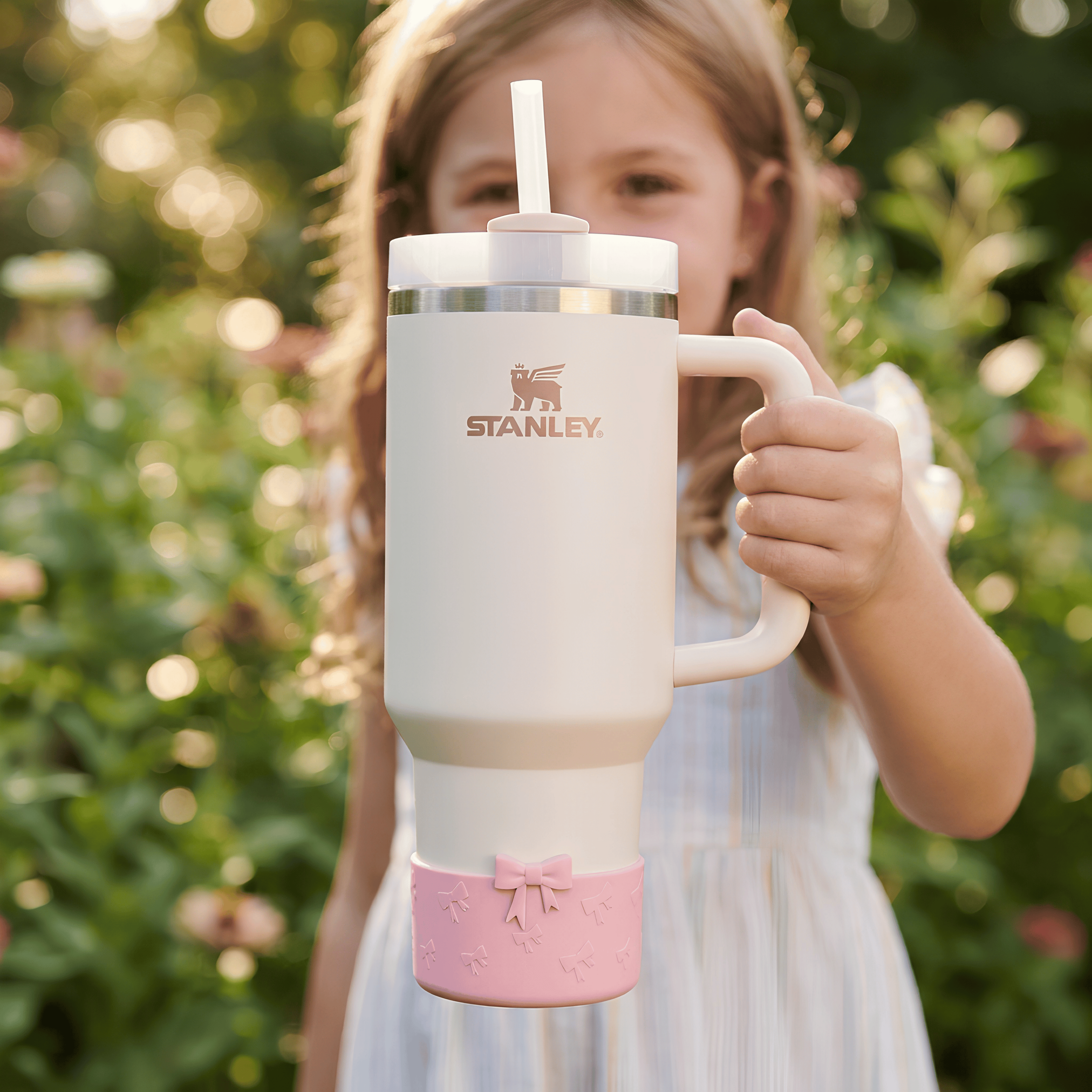 Girl holding a cream tumbler with a pink bow base protector in a garden