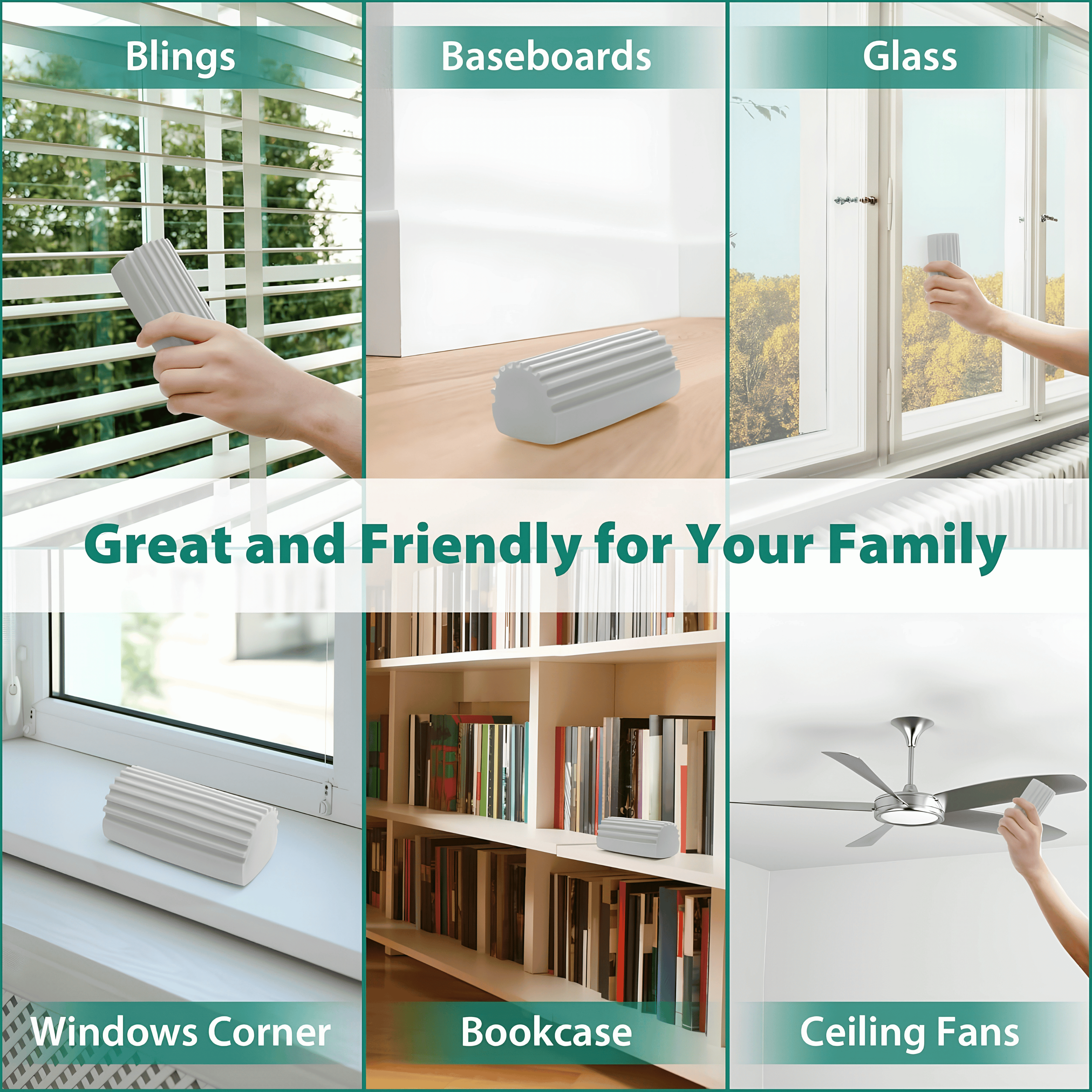 Gray sponge cleaning blinds, baseboards, glass and ceiling fan