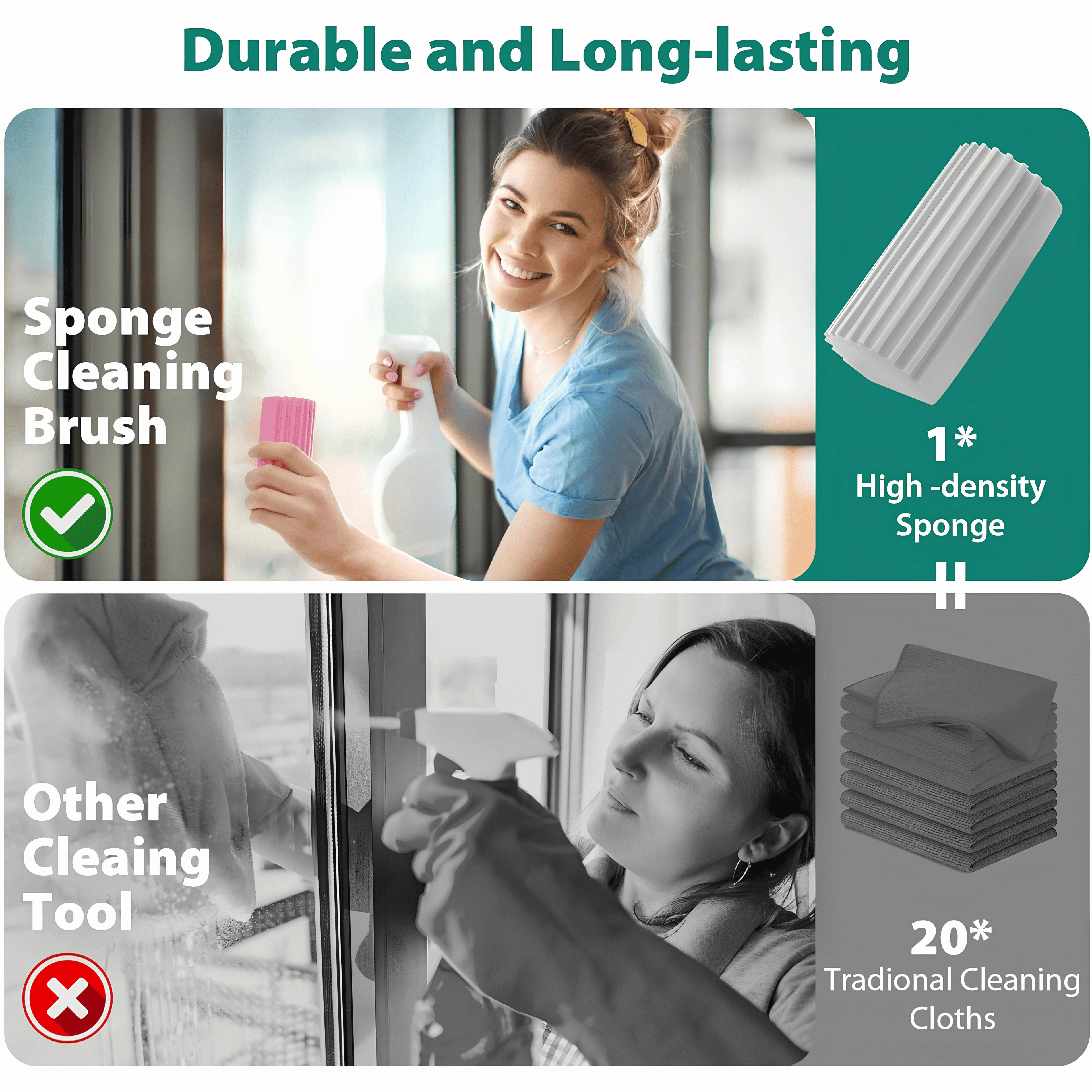 Smiling woman cleaning glass with a gray cleaning sponge