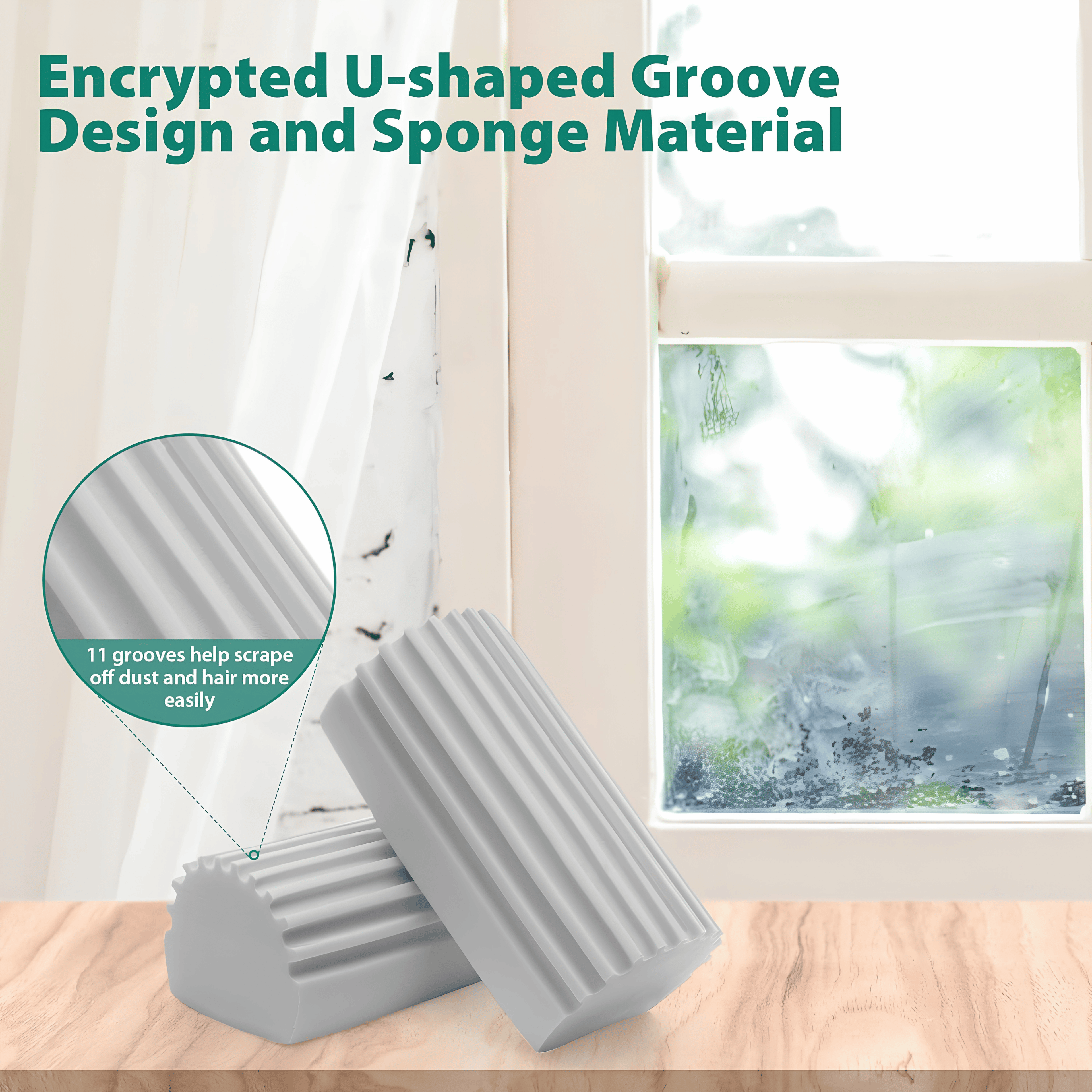 Close-up of grooved gray sponge beside a dirty window