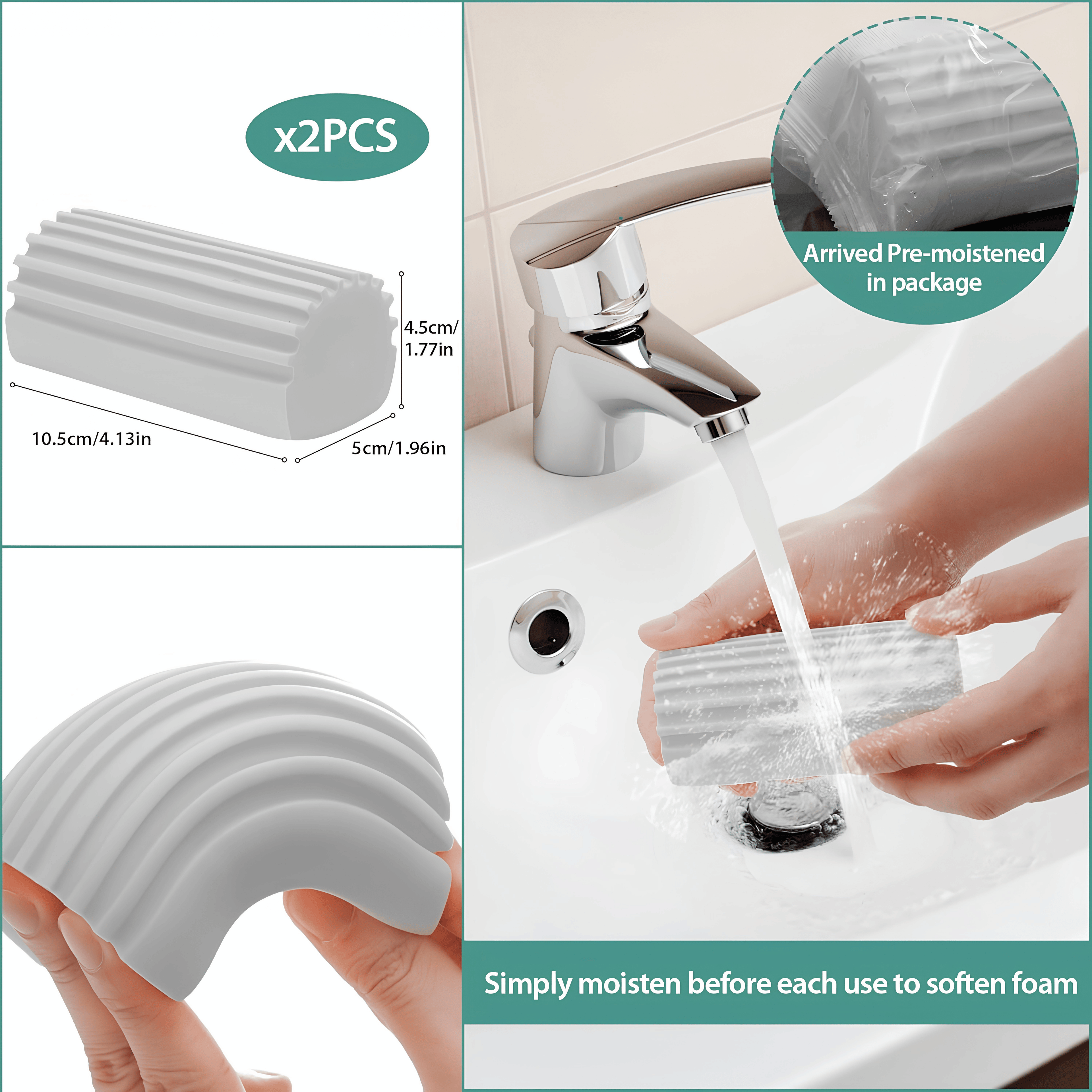 Steps to use the gray sponge: soak, clean, rinse, dry