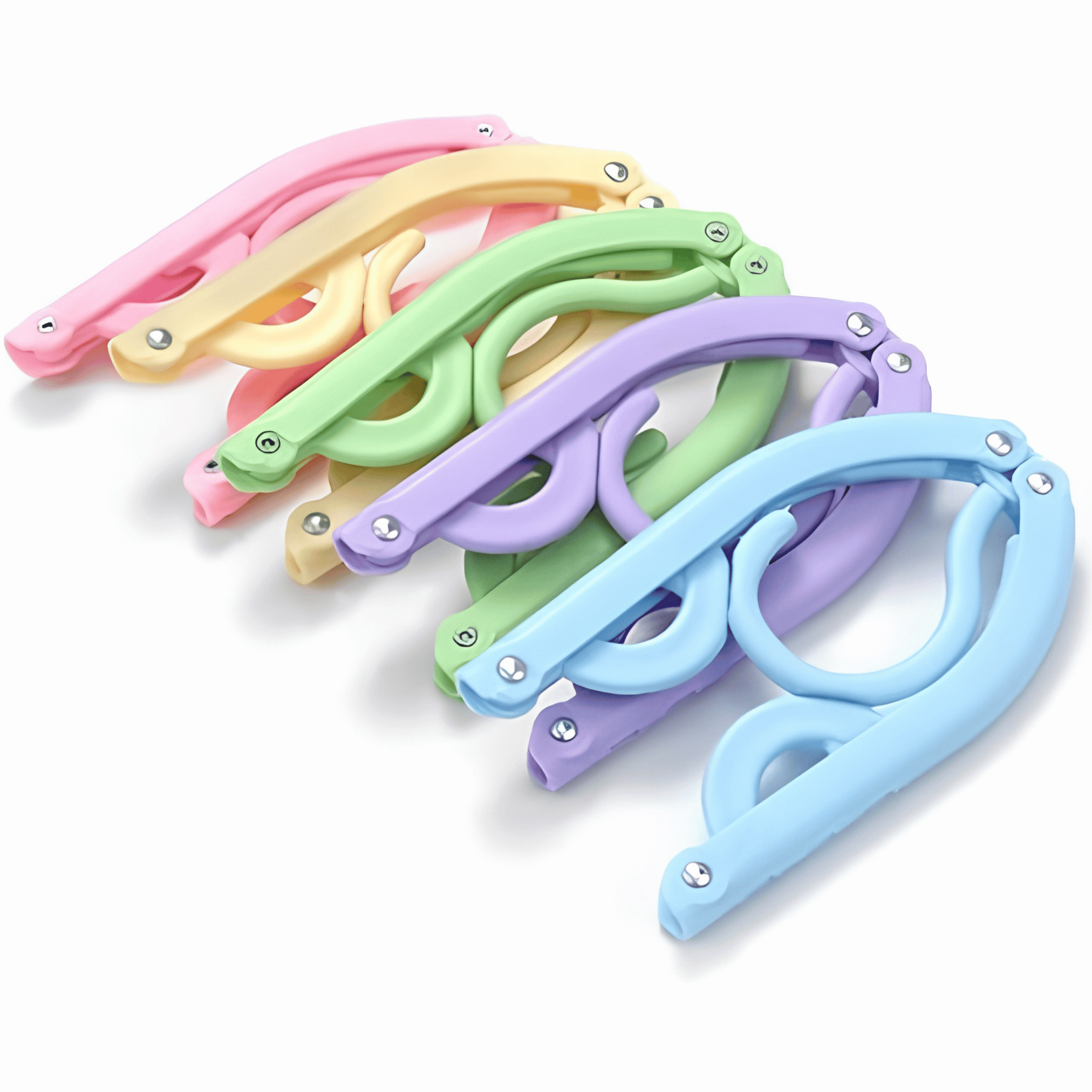 Pink, yellow, green, purple and blue folding travel hangers