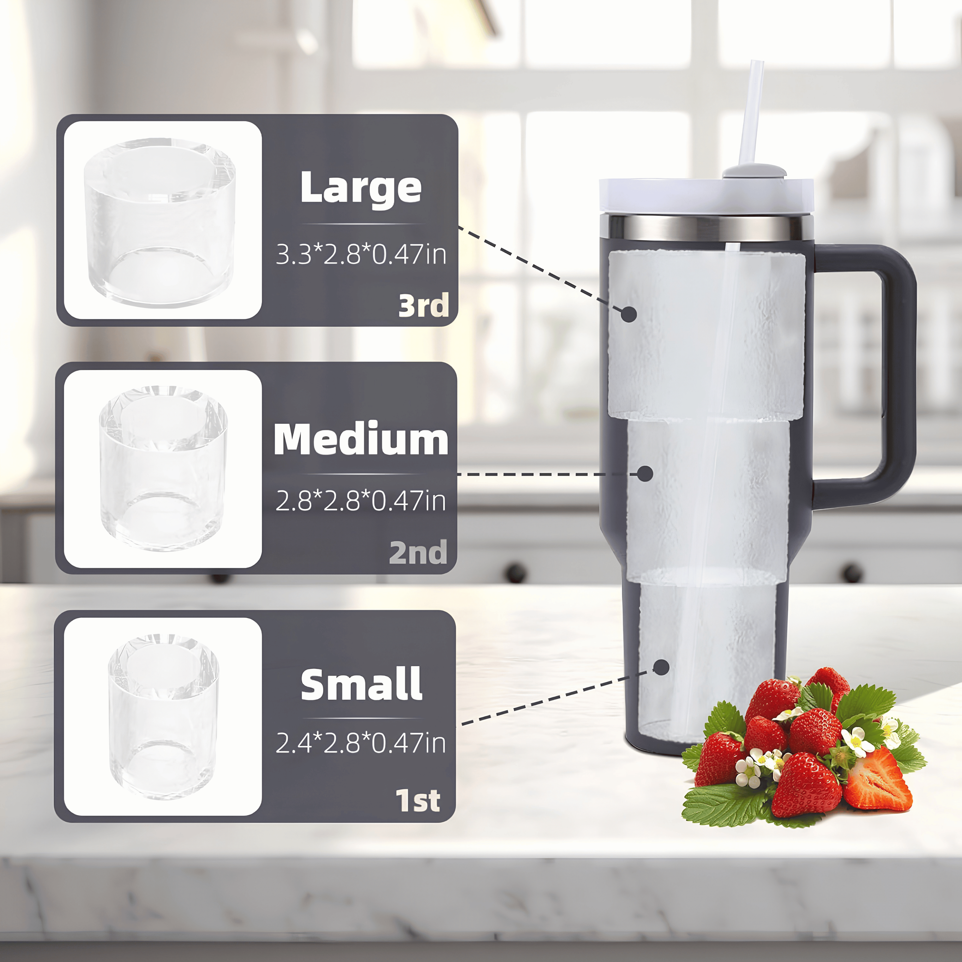Small medium and large cylinder ice cubes with sizes for a tumbler