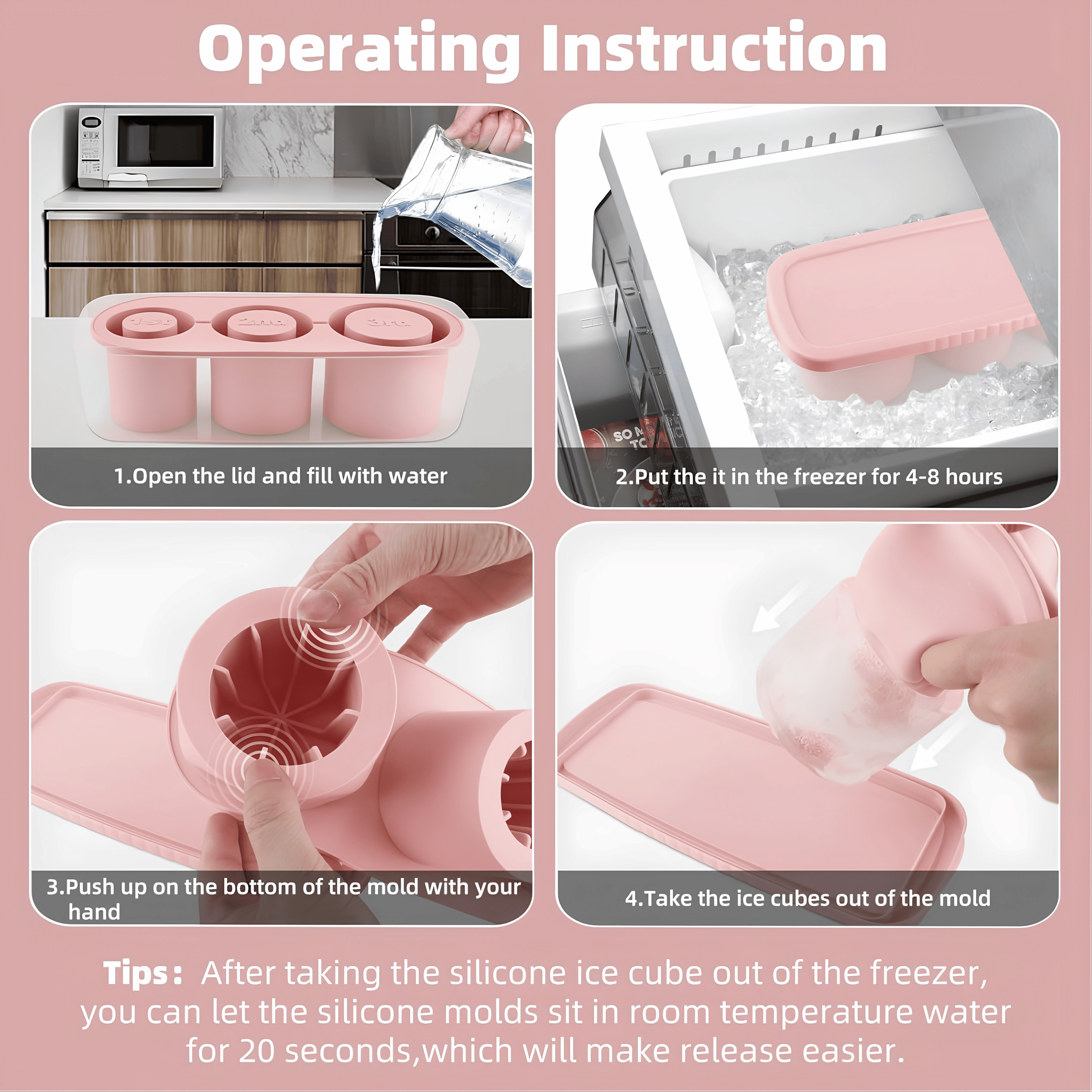 Step-by-step instructions for filling freezing and releasing the ice cubes