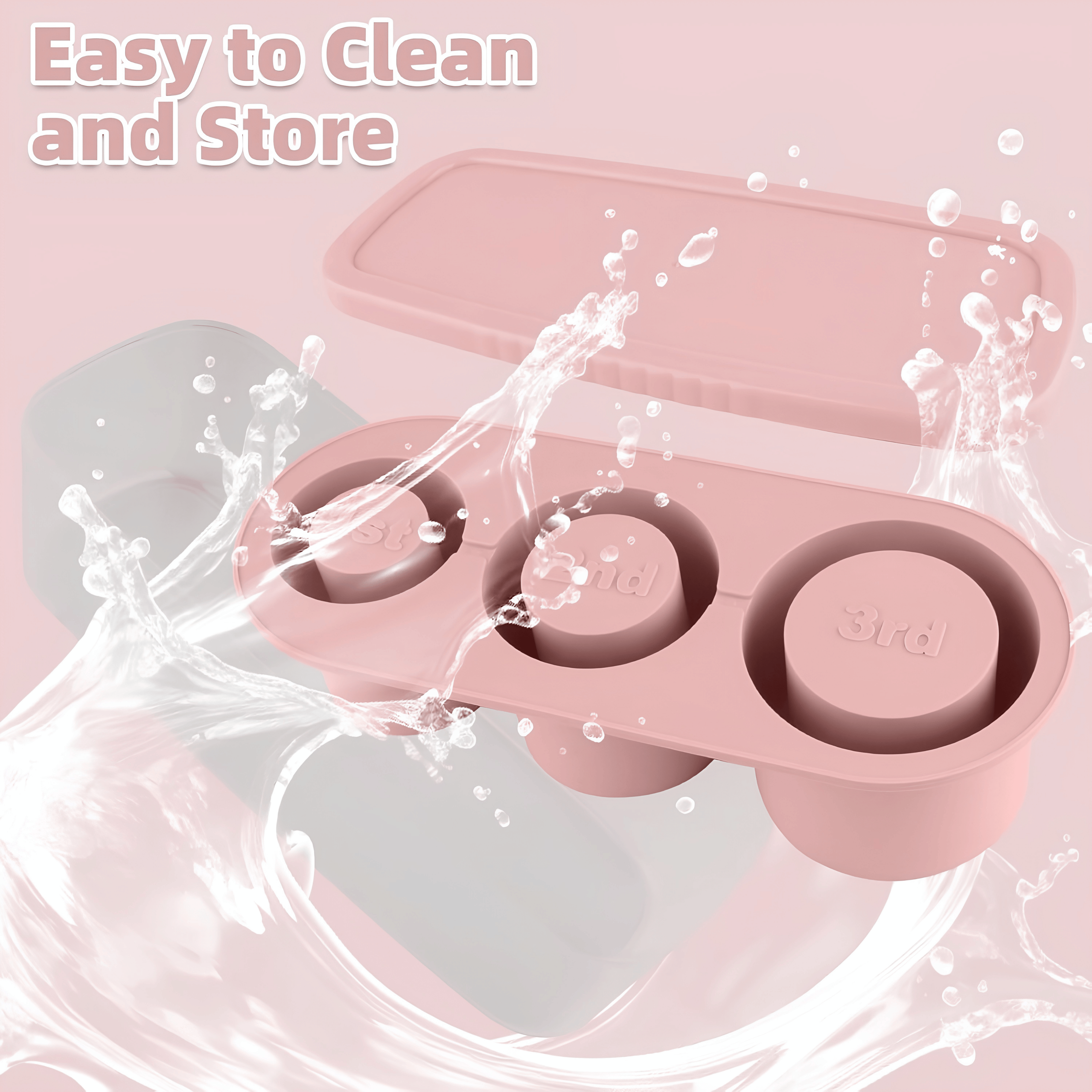 Pink silicone ice cube tray with lid shown easy to clean and store