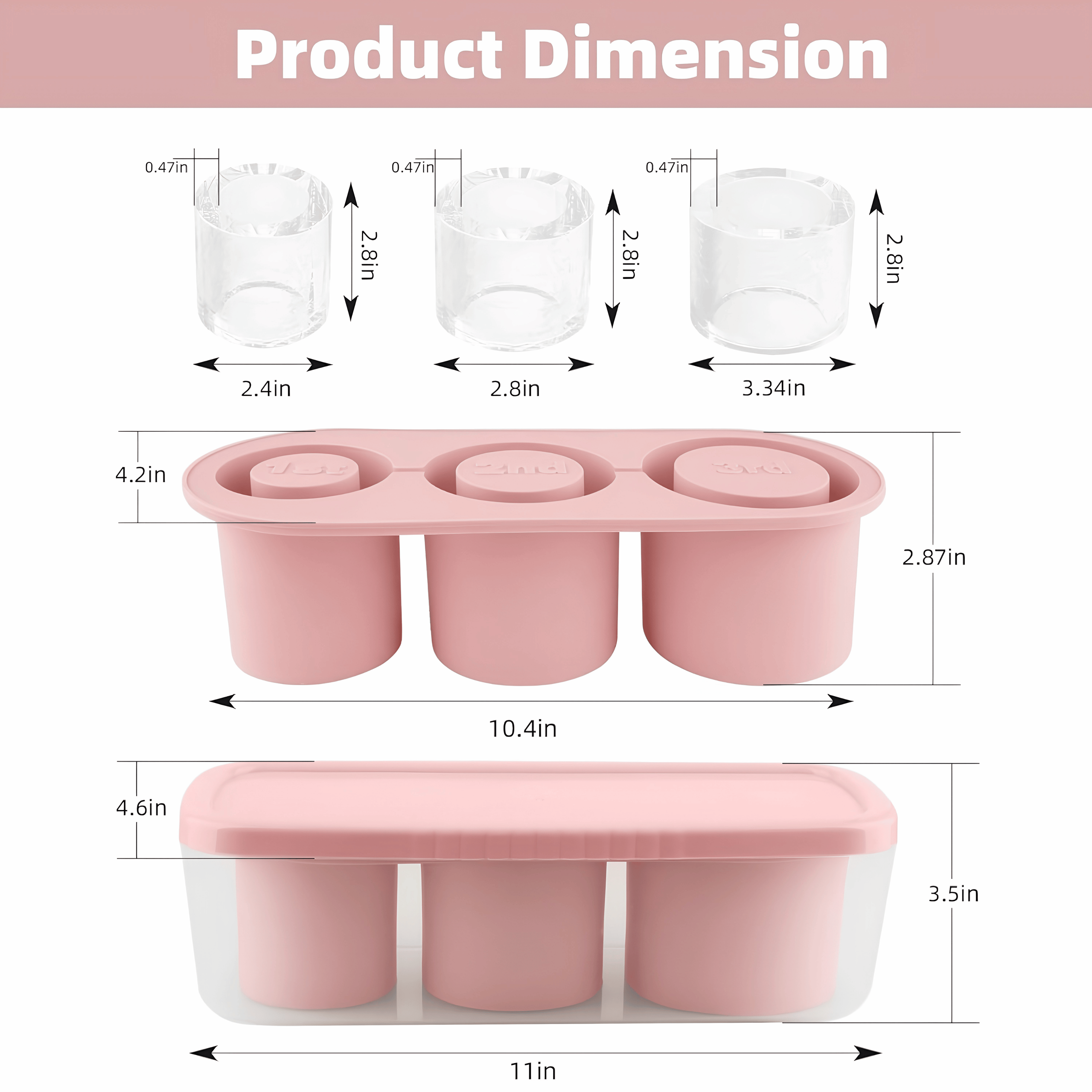 Pink silicone ice cube tray dimensions and cylinder ice cube measurements