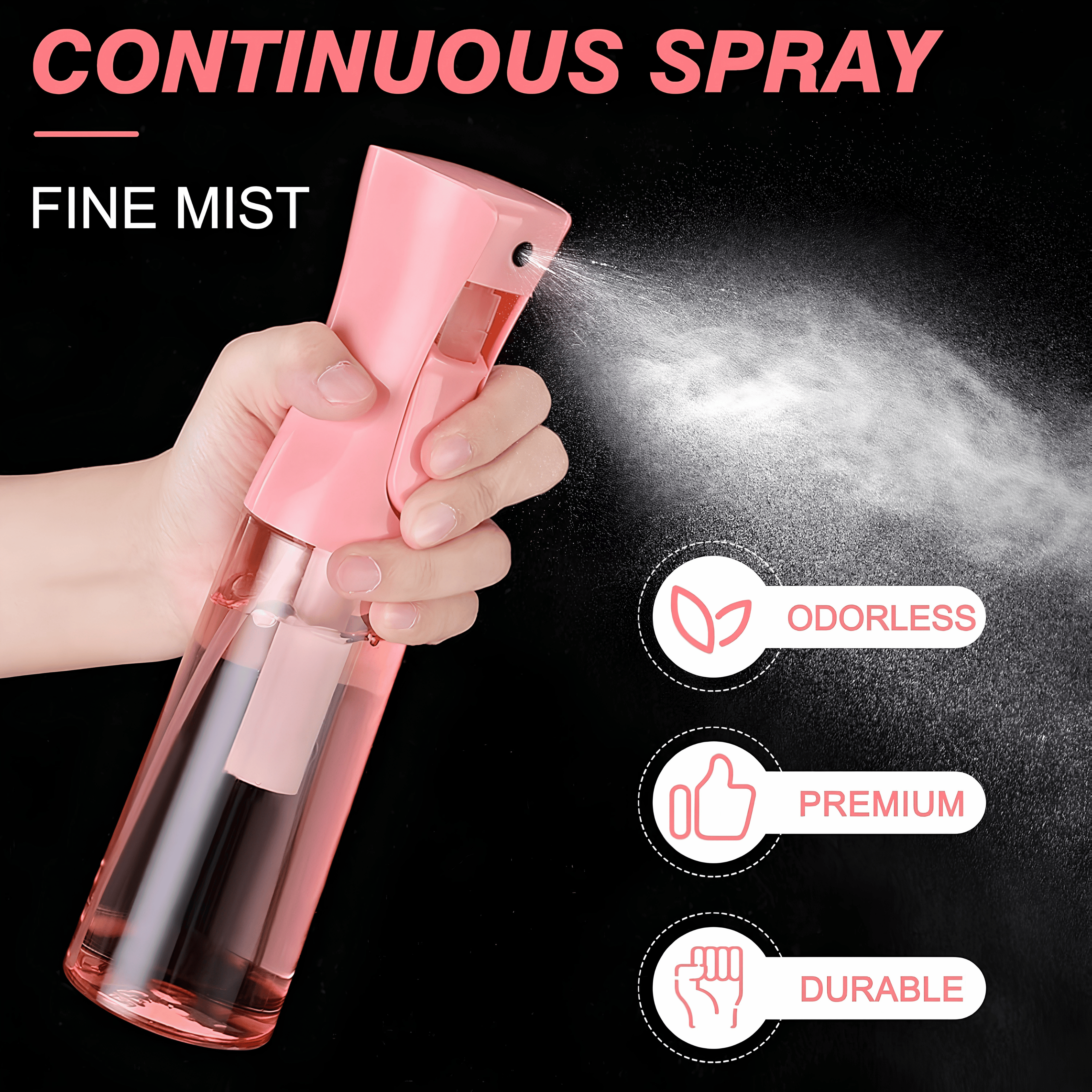 Fine mist released from a pink spray bottle held in hand