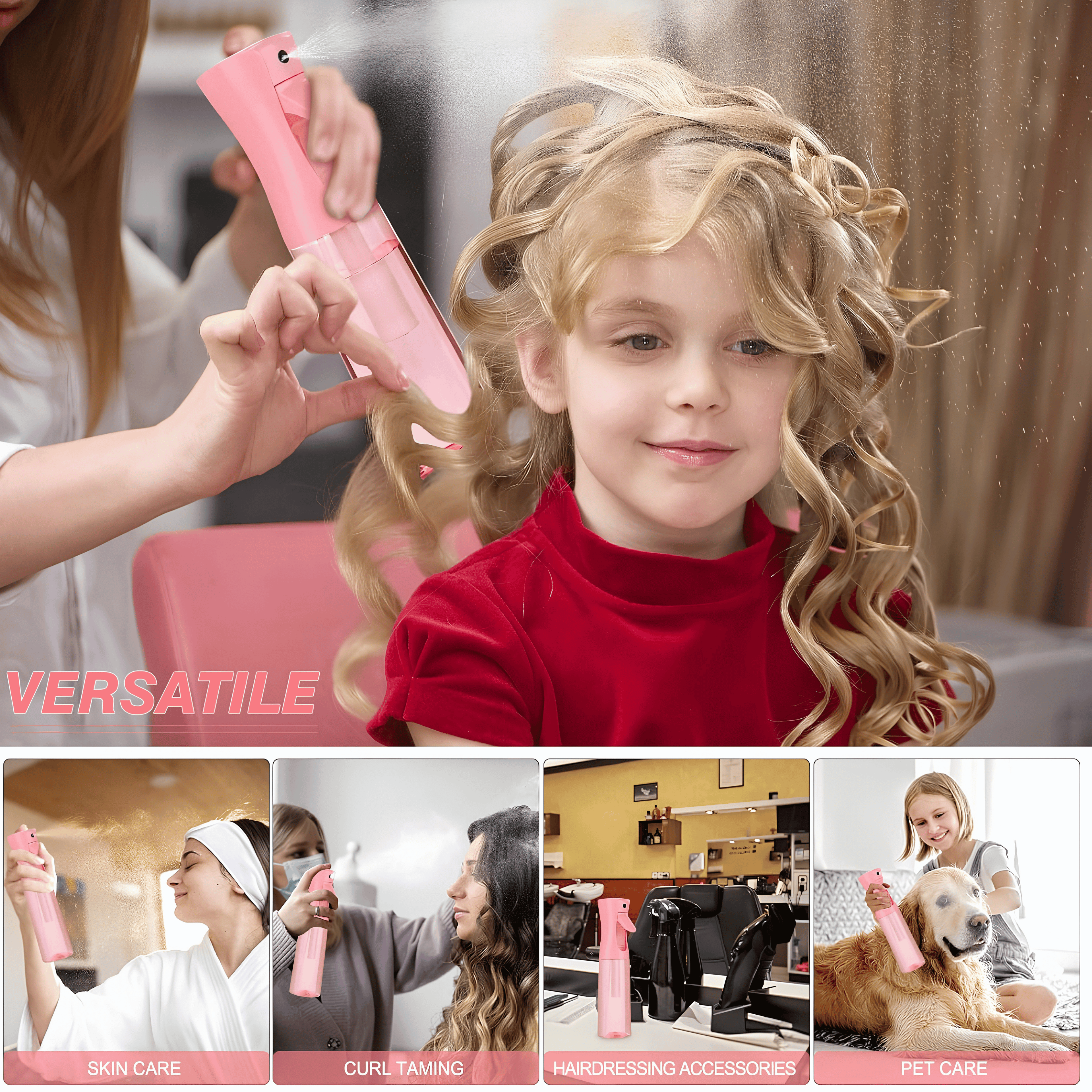 Pink spray bottle for hair, skin and pet care