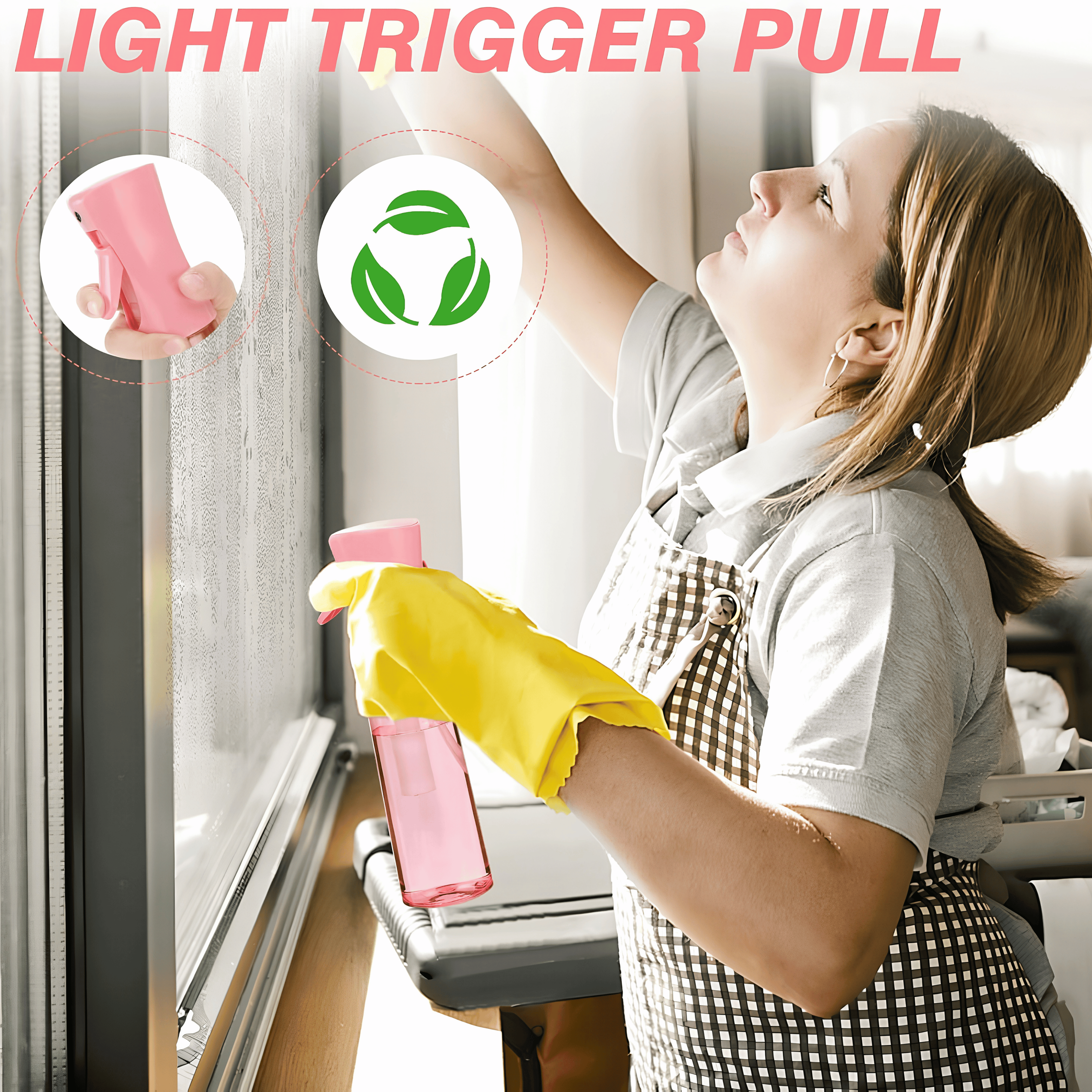 Pink spray bottle cleaning a window glass