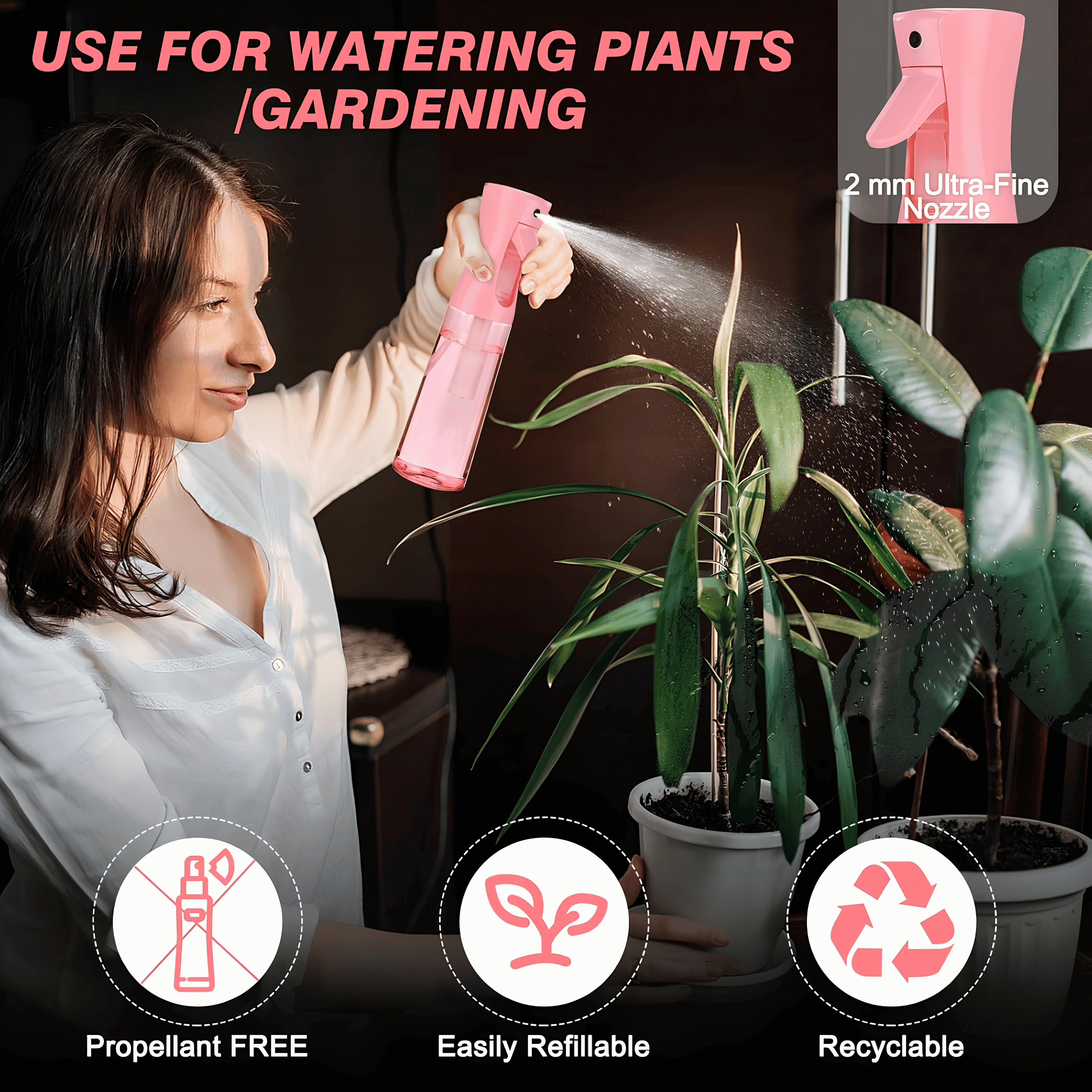 Pink spray bottle watering indoor plants