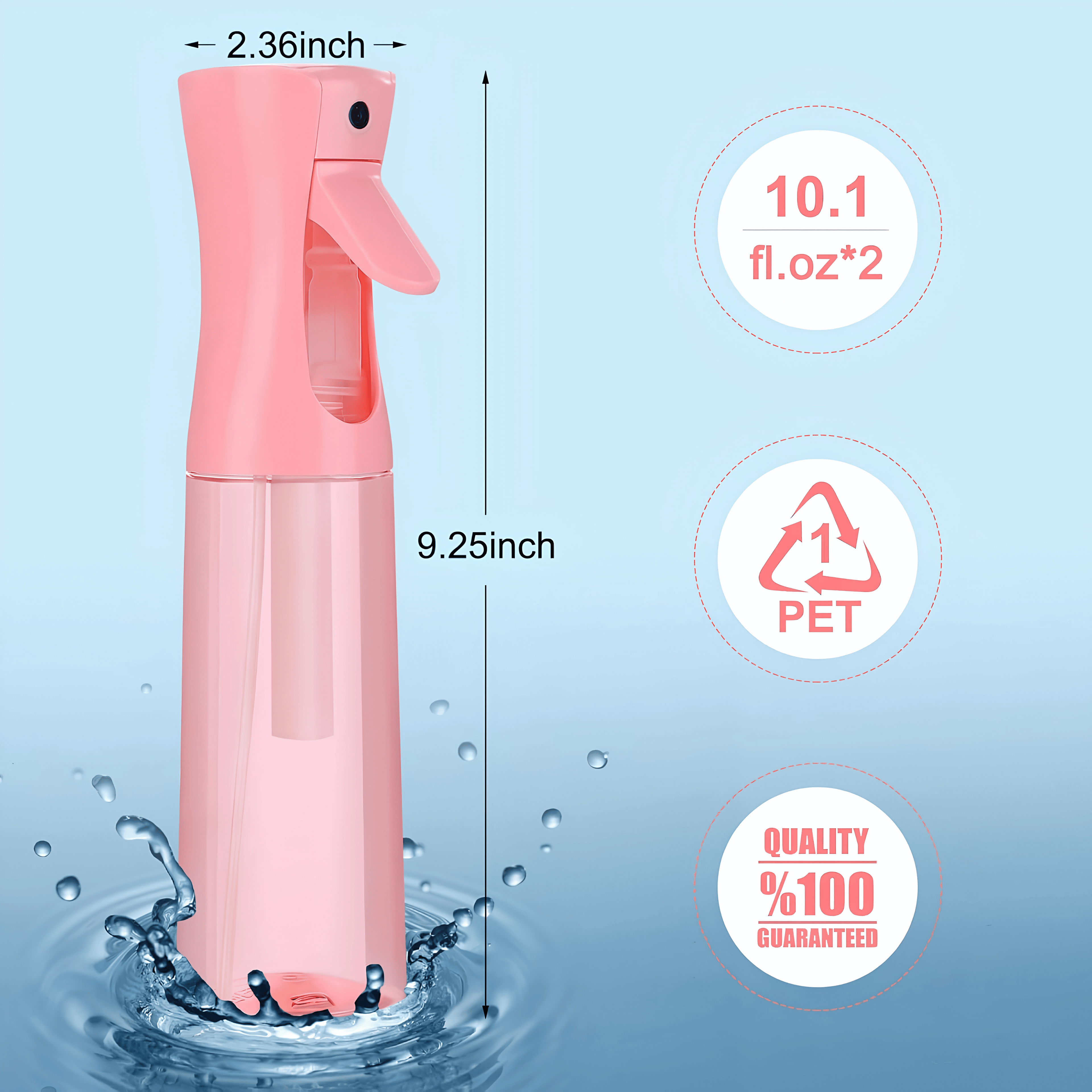Pink spray bottle dimensions and PET recycling mark
