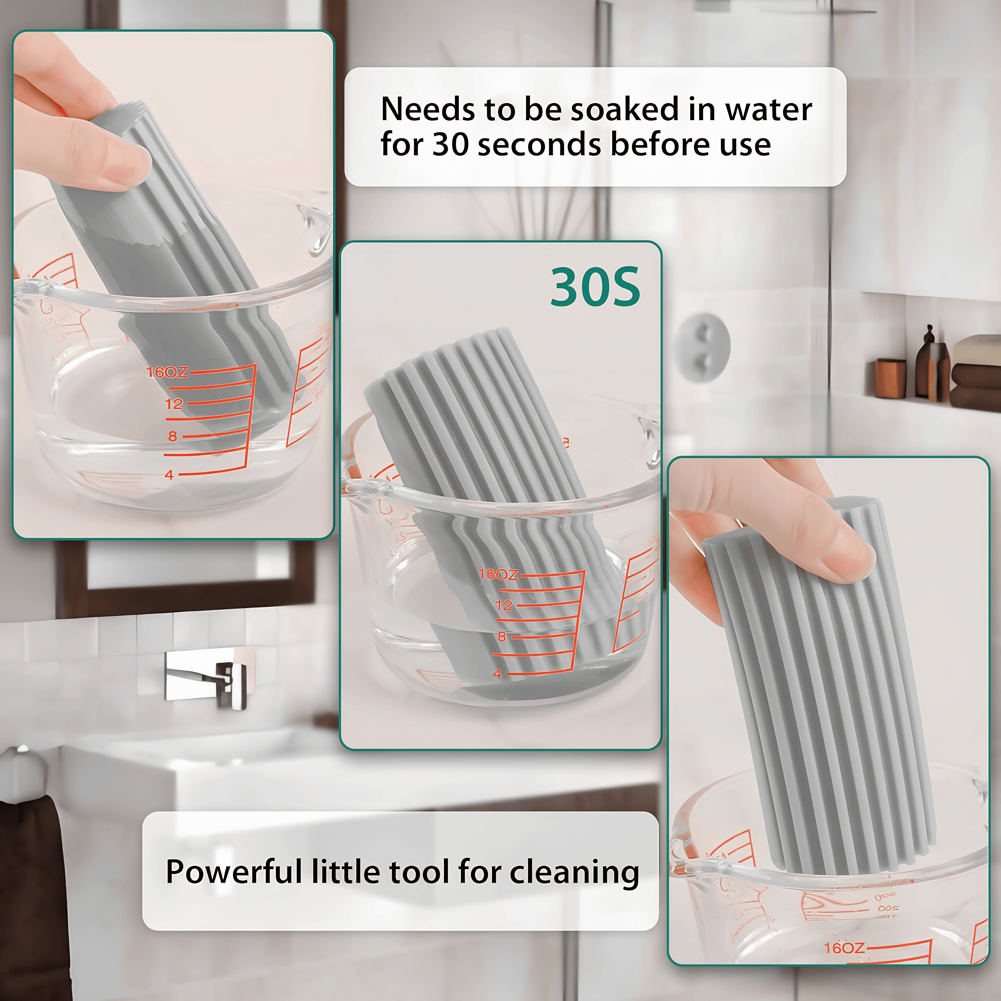 Gray damp sponge dimensions and rinsing under a faucet