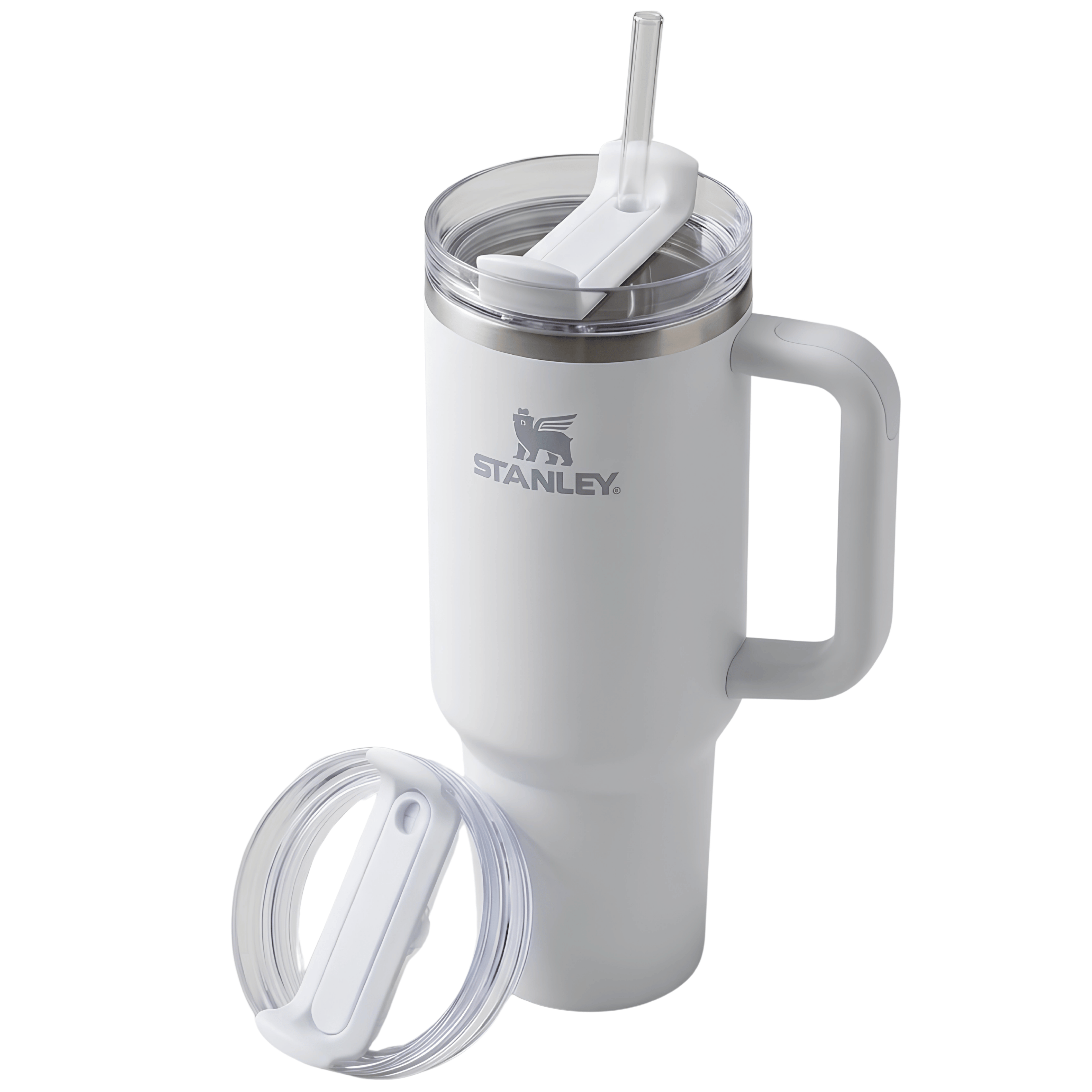 Clear replacement lid and straw on a white Stanley tumbler