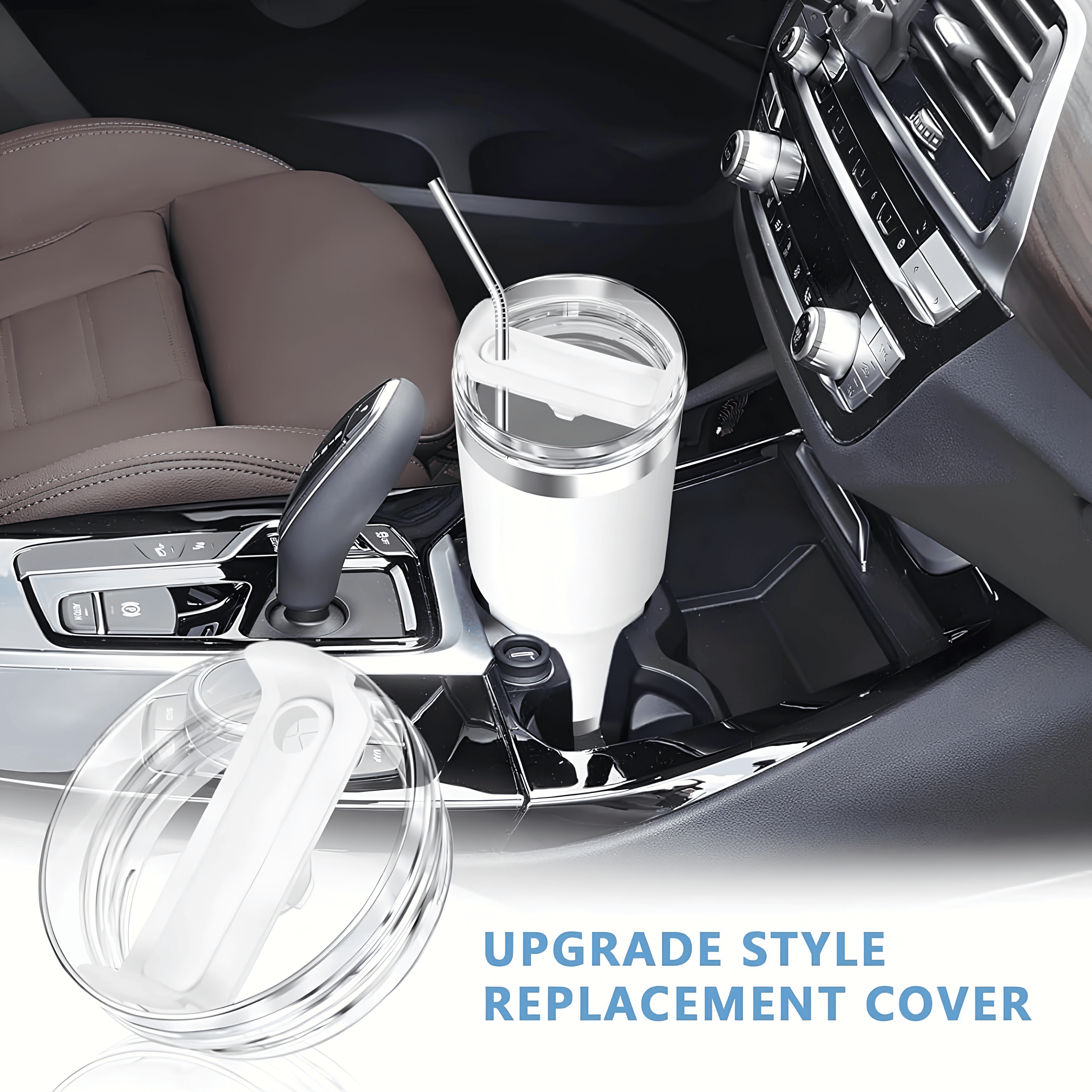 Clear replacement lid used on a white tumbler inside a car