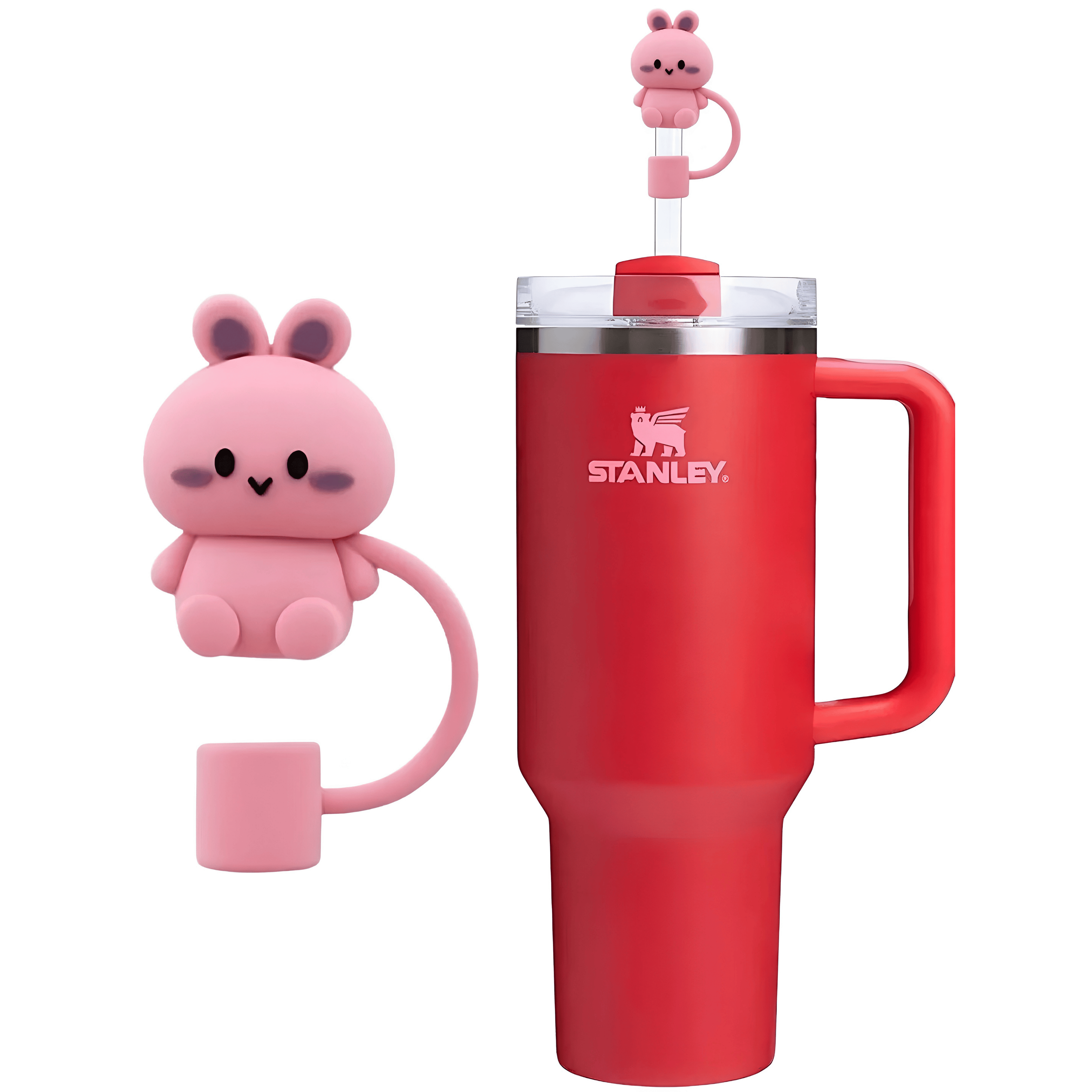 Pink bunny straw cover on a red Stanley tumbler
