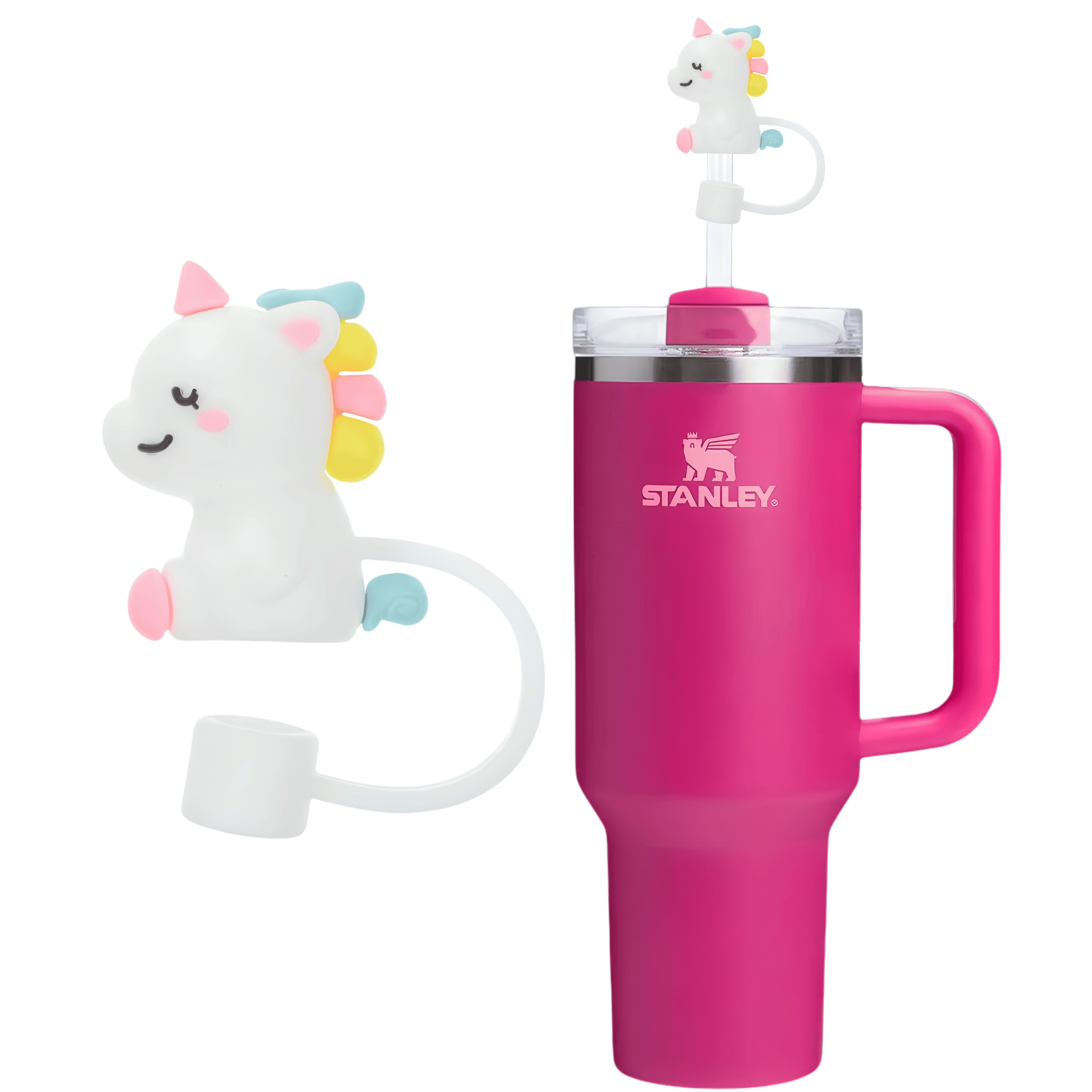 White unicorn silicone straw cover on a pink Stanley tumbler straw