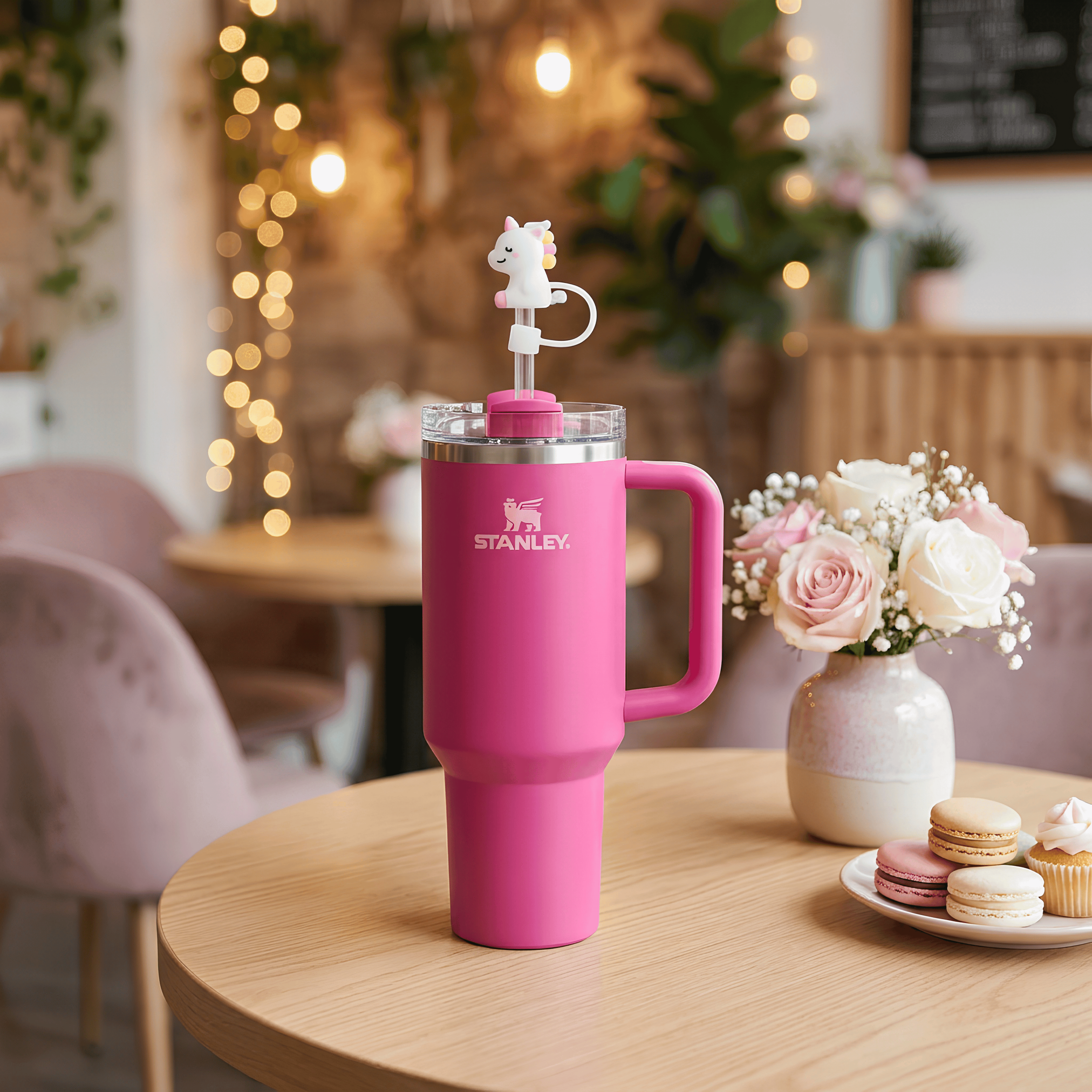 White unicorn straw cover on a pink tumbler in a cafe