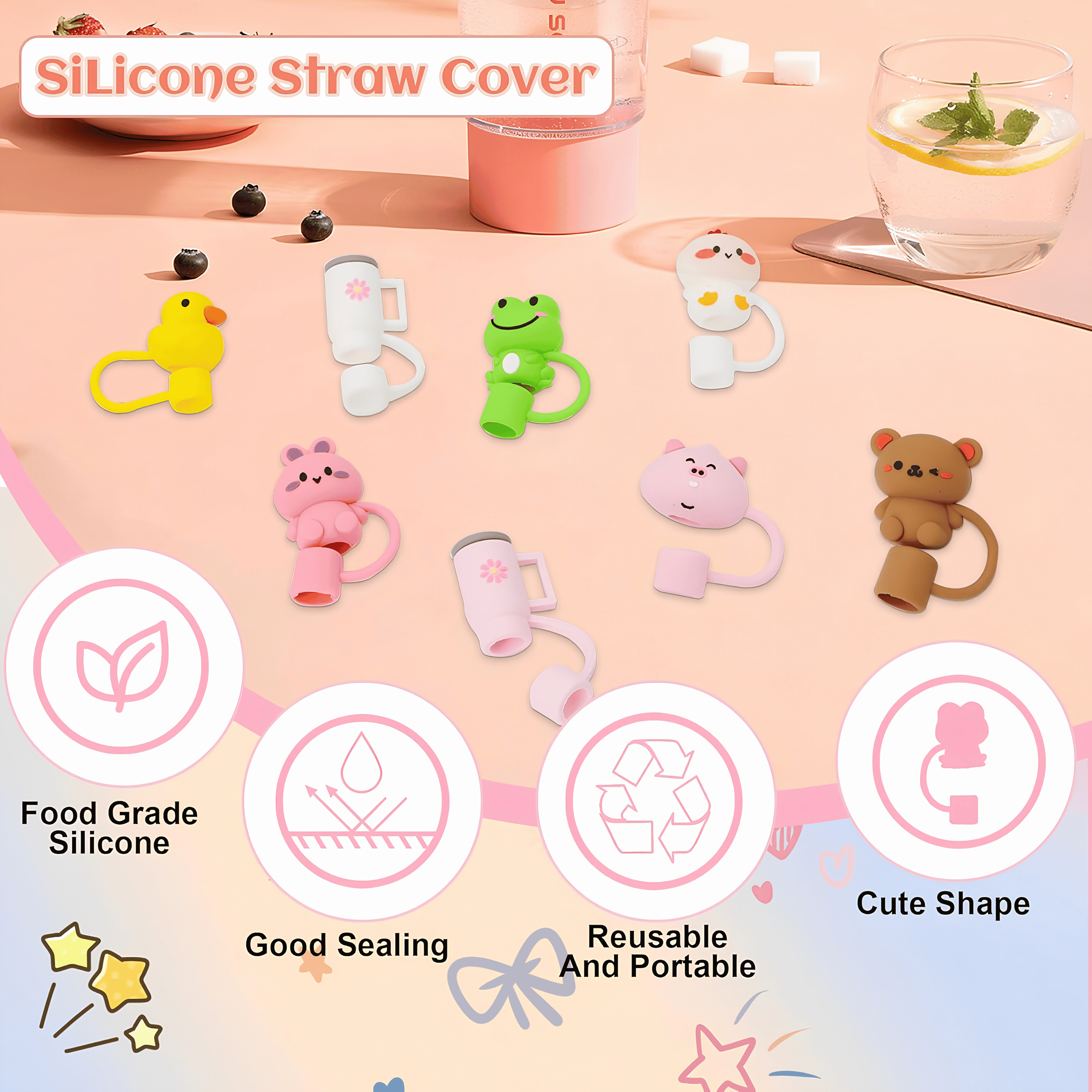 Animal-shaped silicone straw covers on glass mason jars