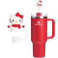 White cat with red bow silicone straw cover on a red tumbler straw