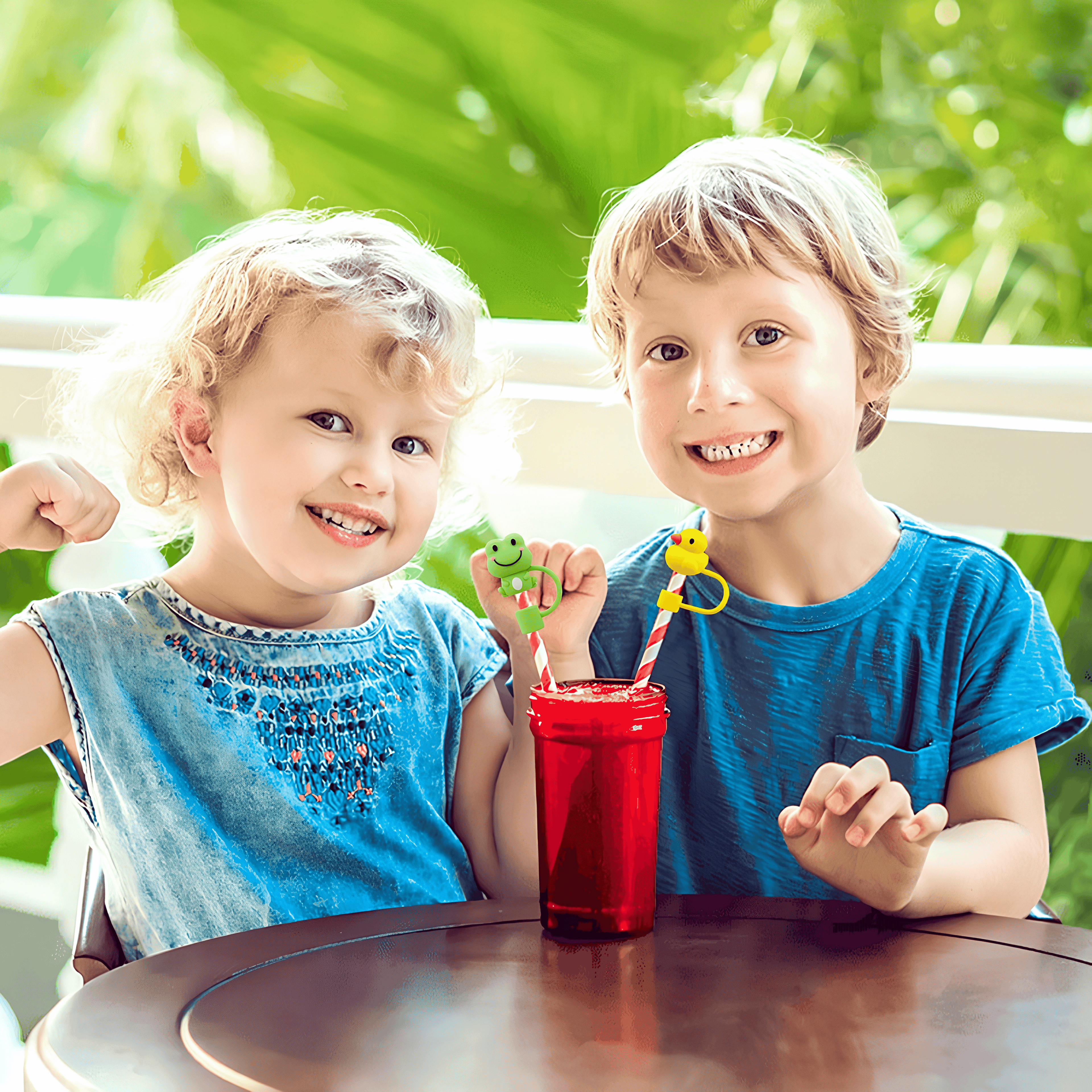 Children using animal-shaped straw covers on a drink with straws