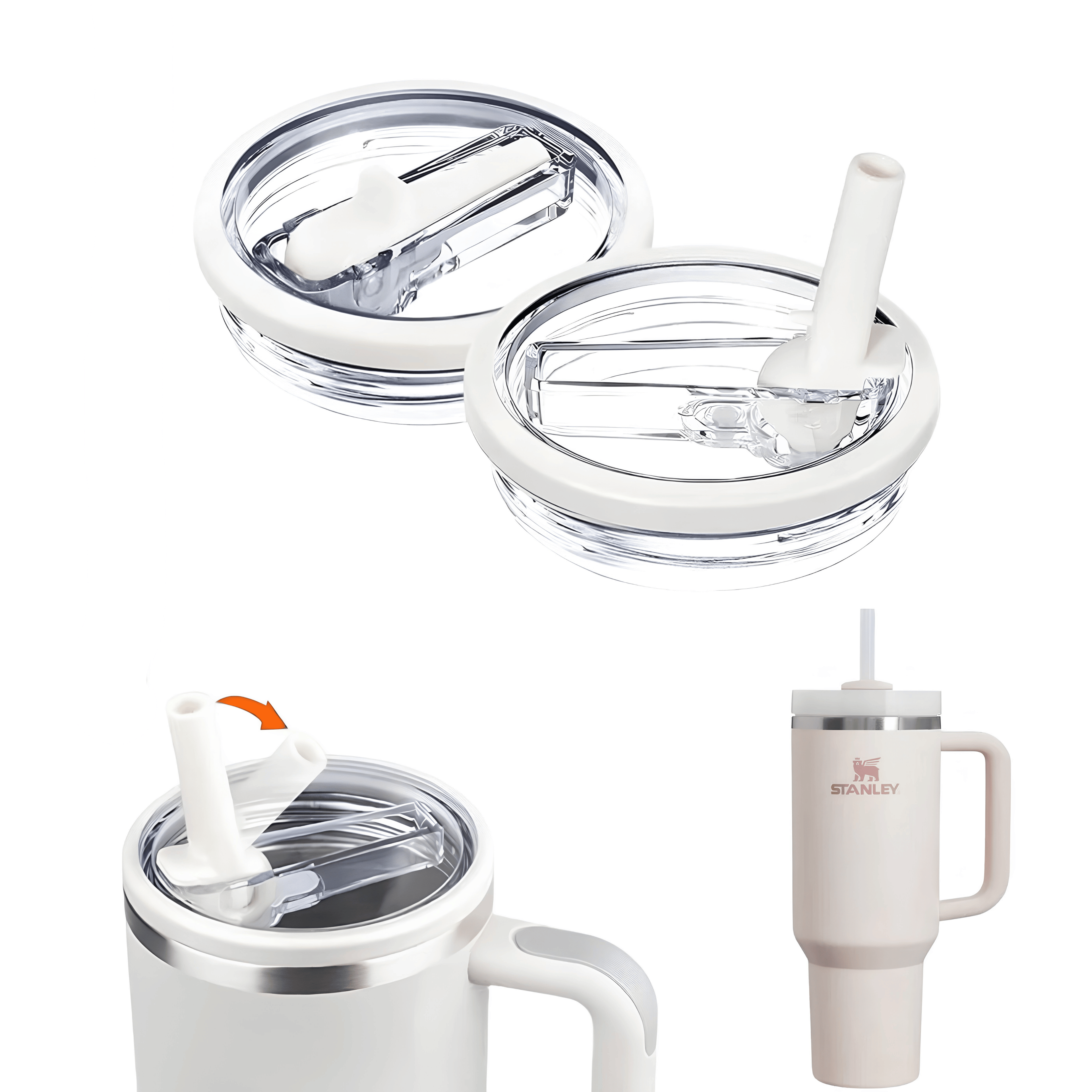 Şeffaf flip pipetli yedek bardak kapağı, krem pipet ve conta, Stanley Quencher uyumlu